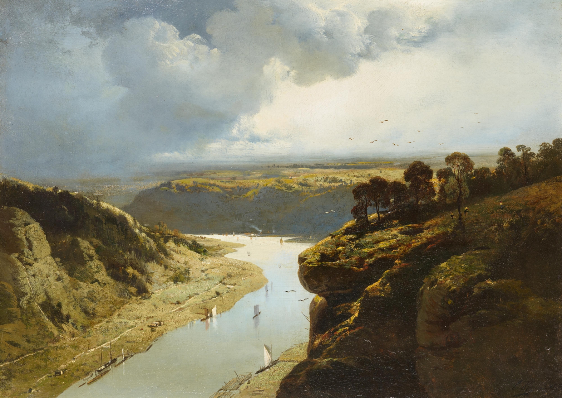 Blick in das Rhonetal, oil on canvas by Charles Hoguet, depicting a tranquil valley with a river.