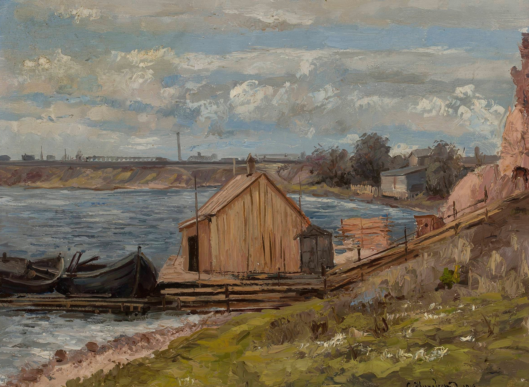 Landscape by Stanislaw Zukowski, oil on canvas depicting a stormy sky over rolling terrain.