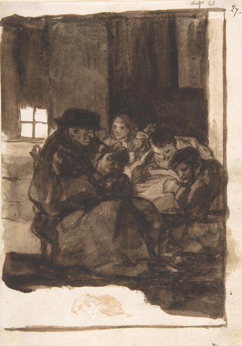 An old man is delousing a boy in an interior, while three other figures observe the scene.
