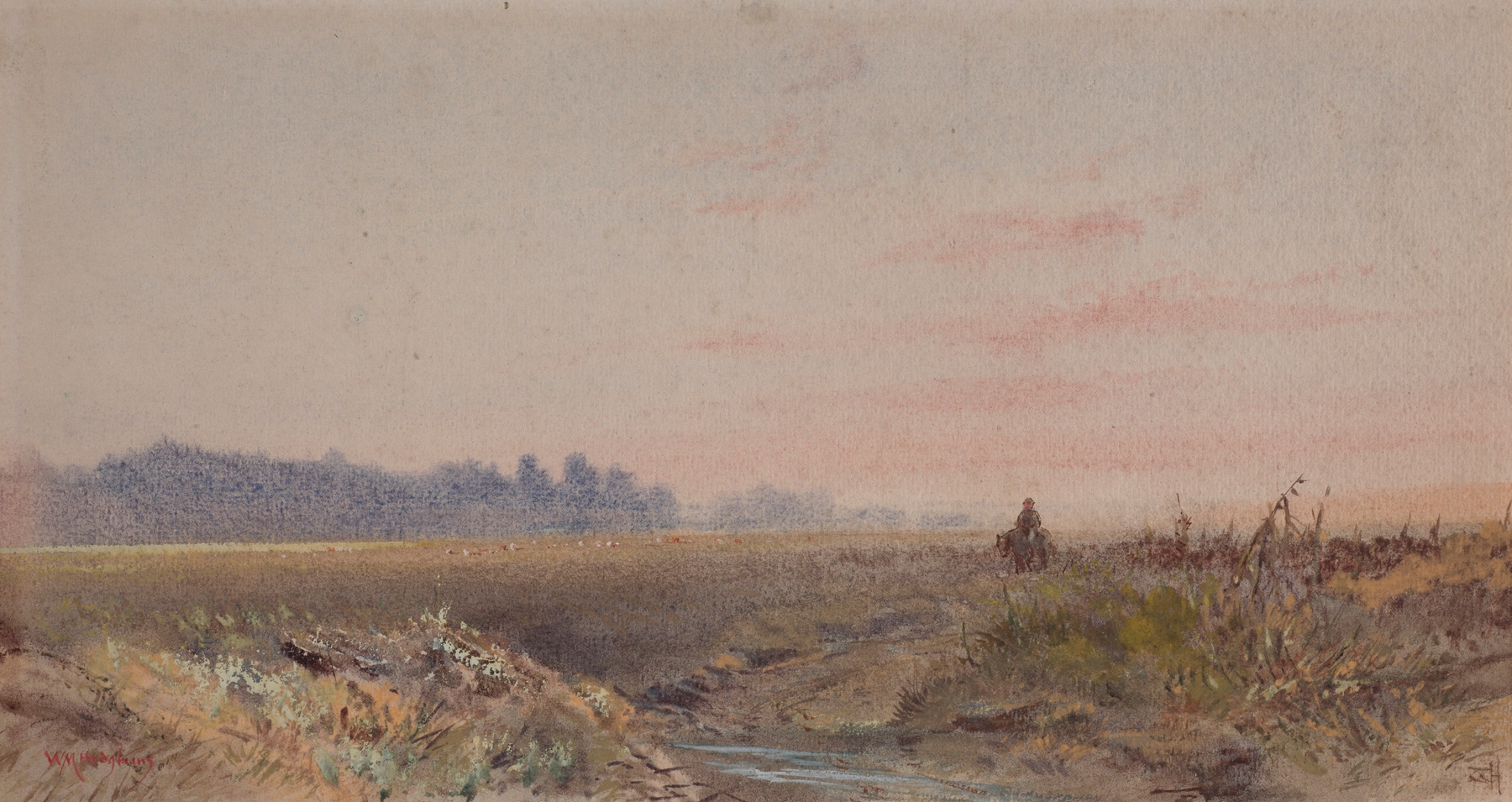 Taieri Plains, Otago by William Mathew Hodgkins, oil on canvas depicting rolling hills and expansive sky.