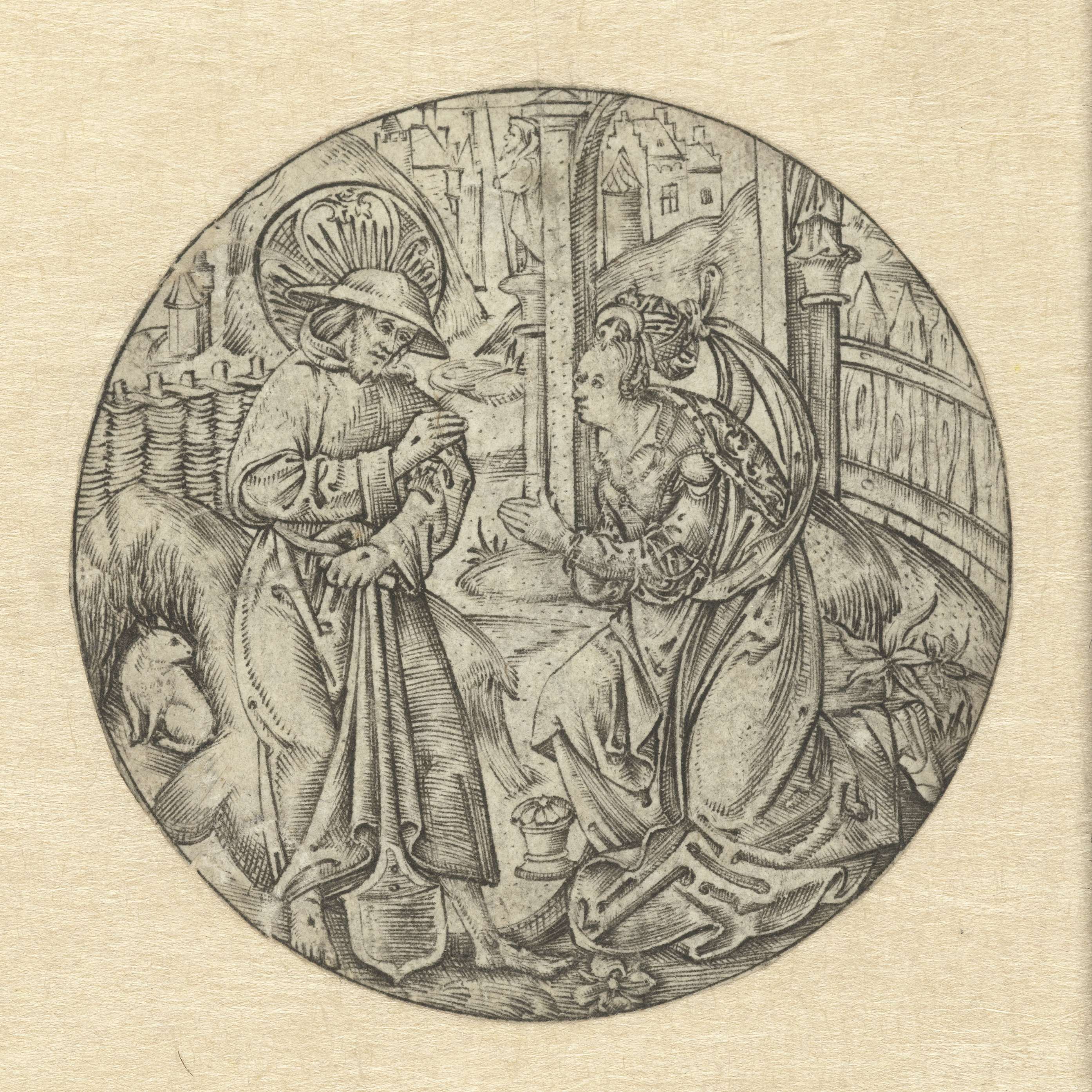 Engraving by Monogrammist S depicting the risen Christ with Mary Magdalene, showcasing serene expressions and light.