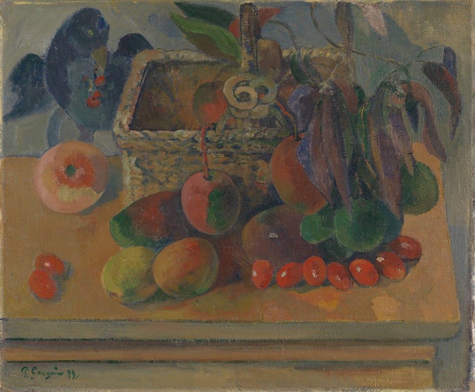 A still life painting featuring a basket and various fruits.