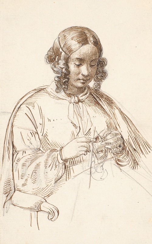 A portrait of a young woman knitting, showcasing her delicate features and attire.