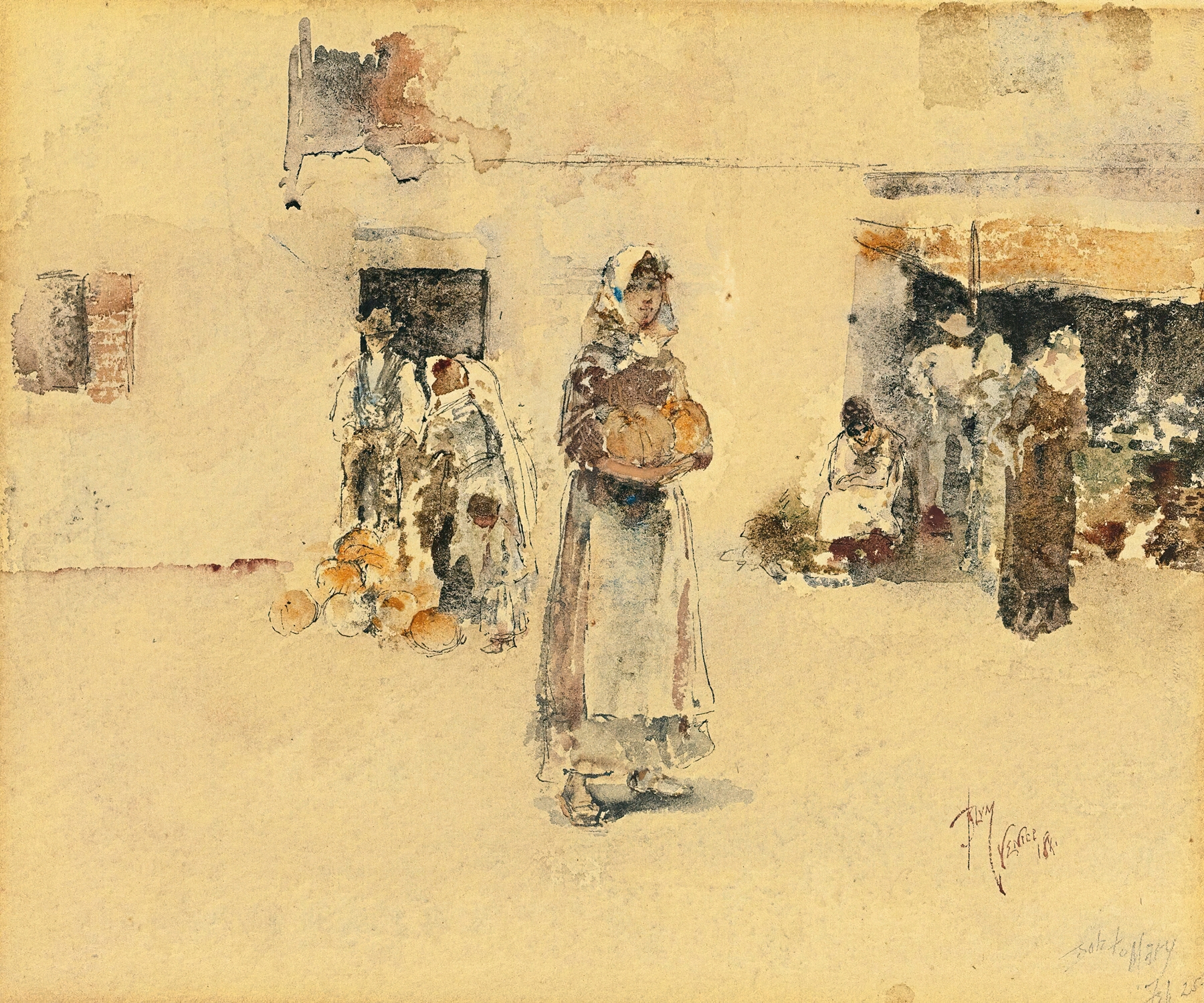 At The Marketplace by Robert Frederick Blum, impressionism, depicting a vibrant market scene with textiles and crowd.