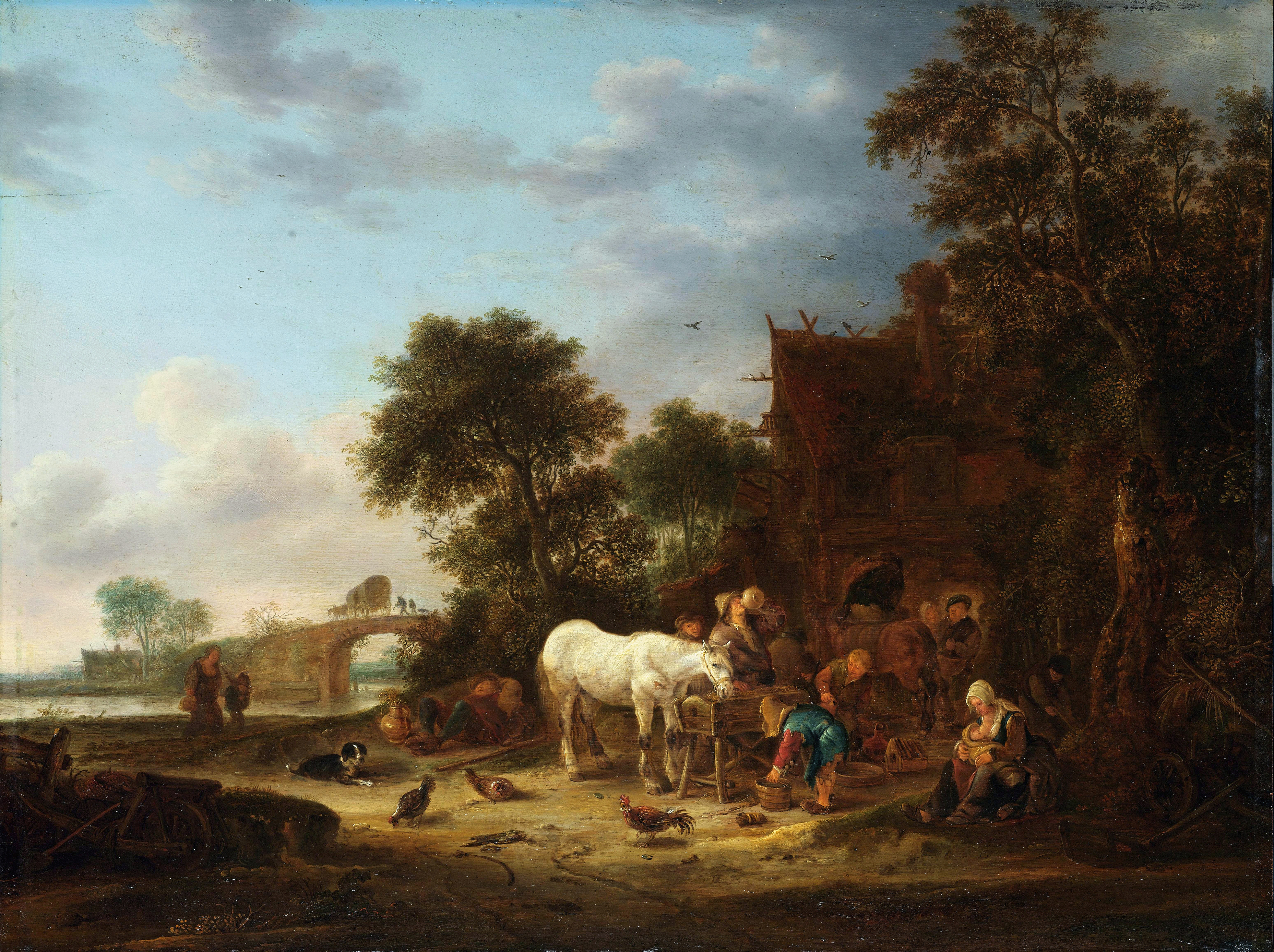 Country inn with a horse at the trough, oil painting by Isaac van Ostade