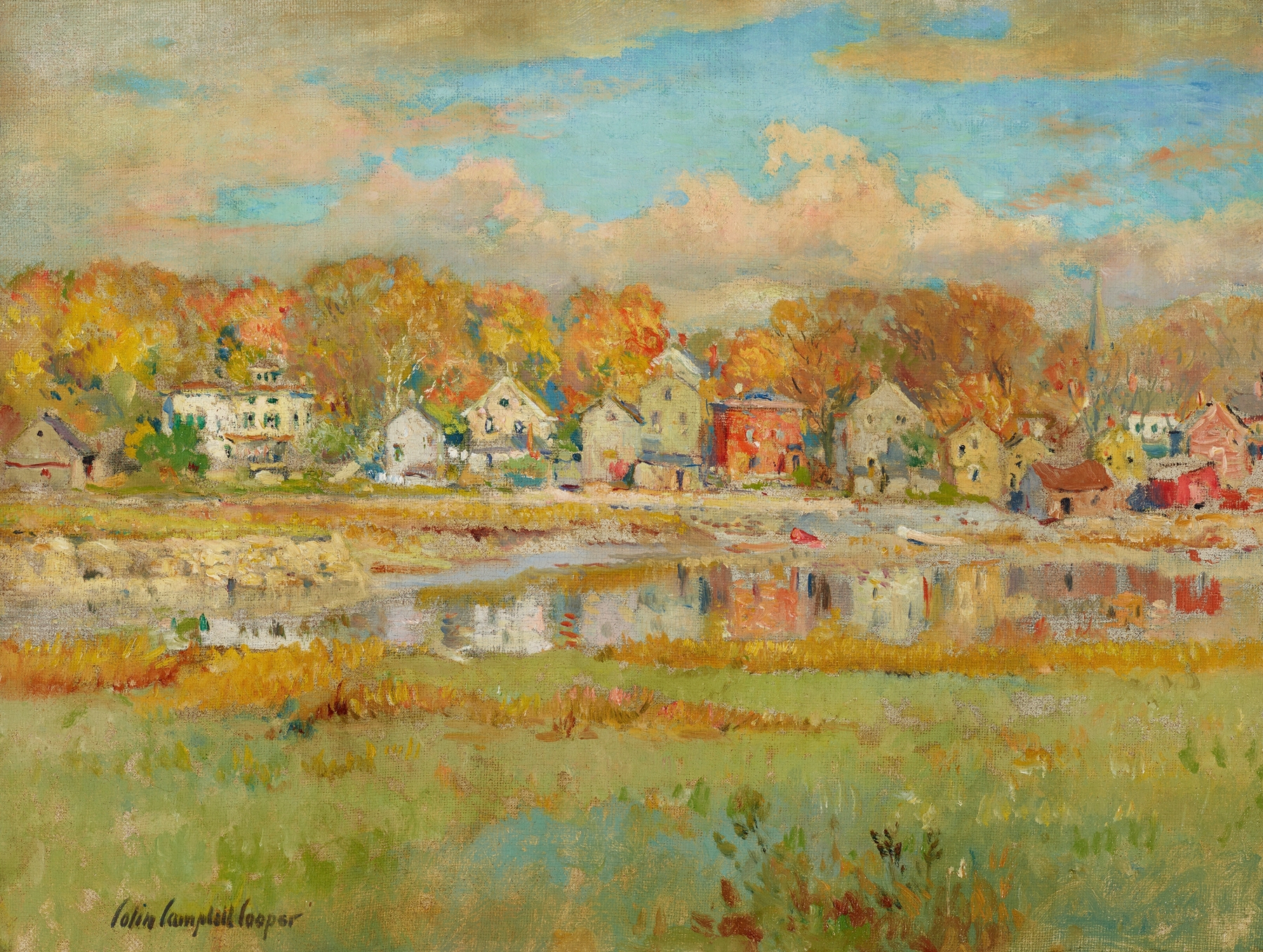 Modernism landscape depicting a river at sunset by Colin Campbell Cooper