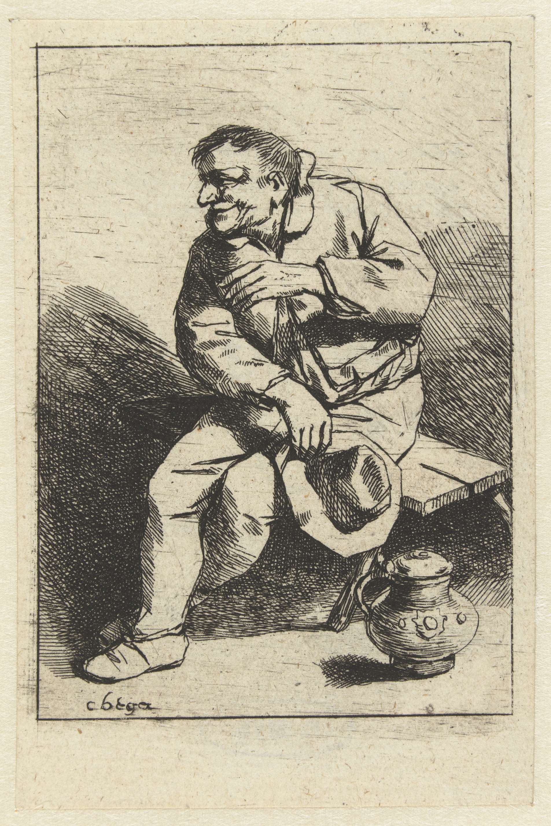 Portrait of a man holding a hat and a jug, etching by Cornelis Pietersz. Bega