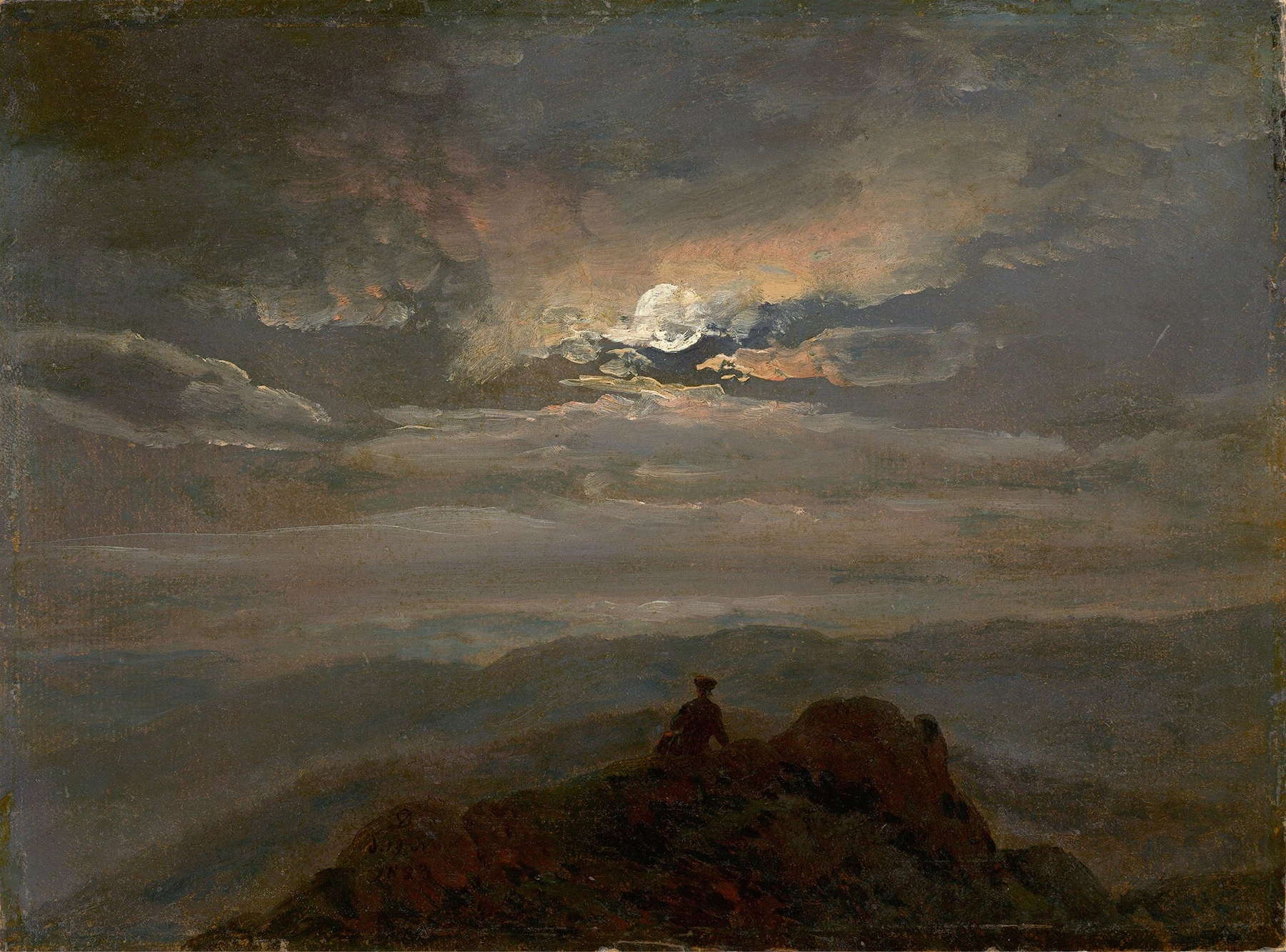 Wanderer on a Mountain Top (Landscape in Moonlight), by Johan Christian Dahl, public domain
