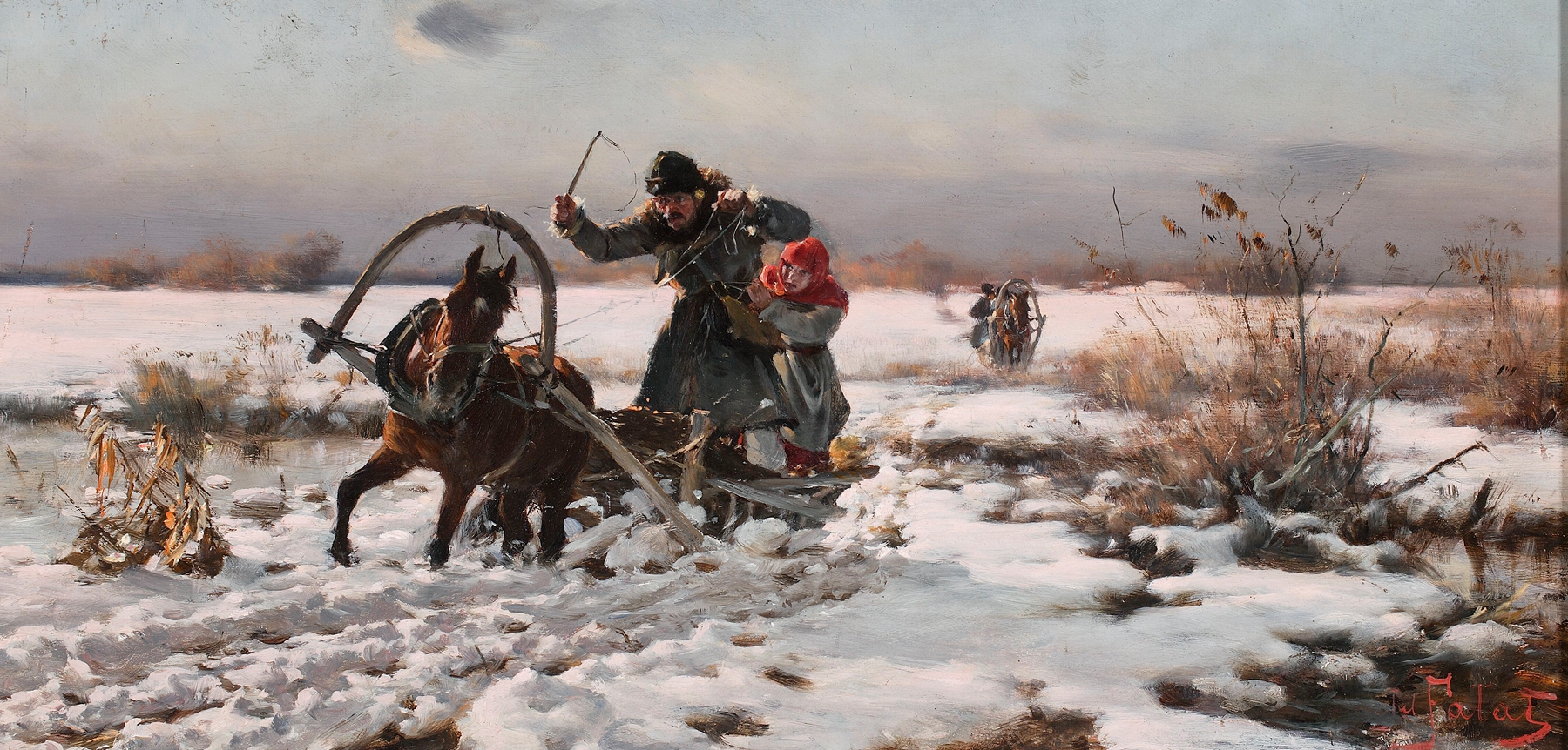 Winter landscape with sledders on thawing snow by Julian Falat