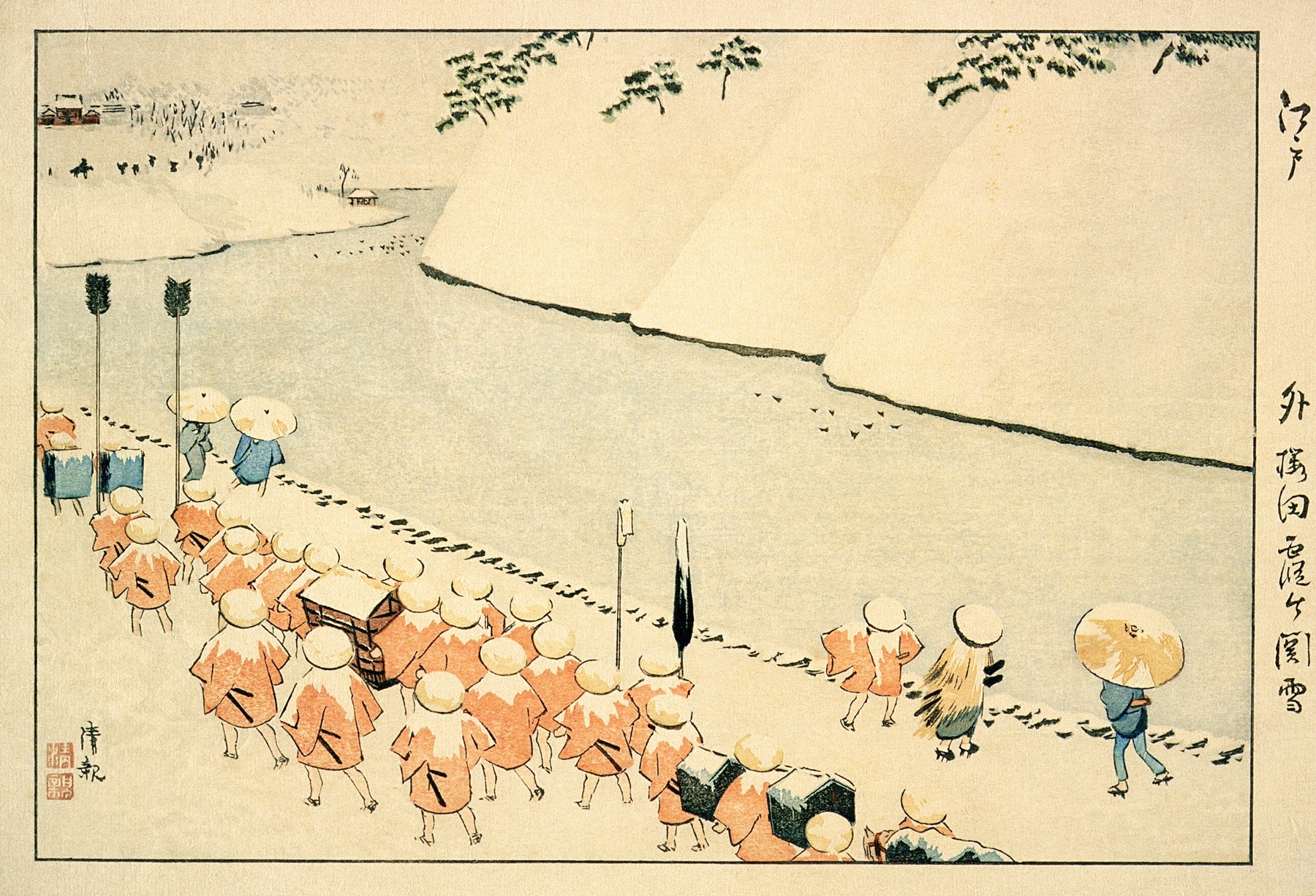 Ukiyo-e by Kobayashi Kiyochika depicting a snow-covered landscape with a tree.