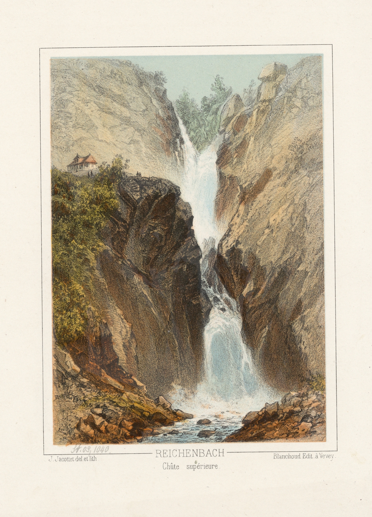 Reichenbach Chûte supérieure by Jean Jacottet, oil on canvas depicting a waterfall and lush landscape.