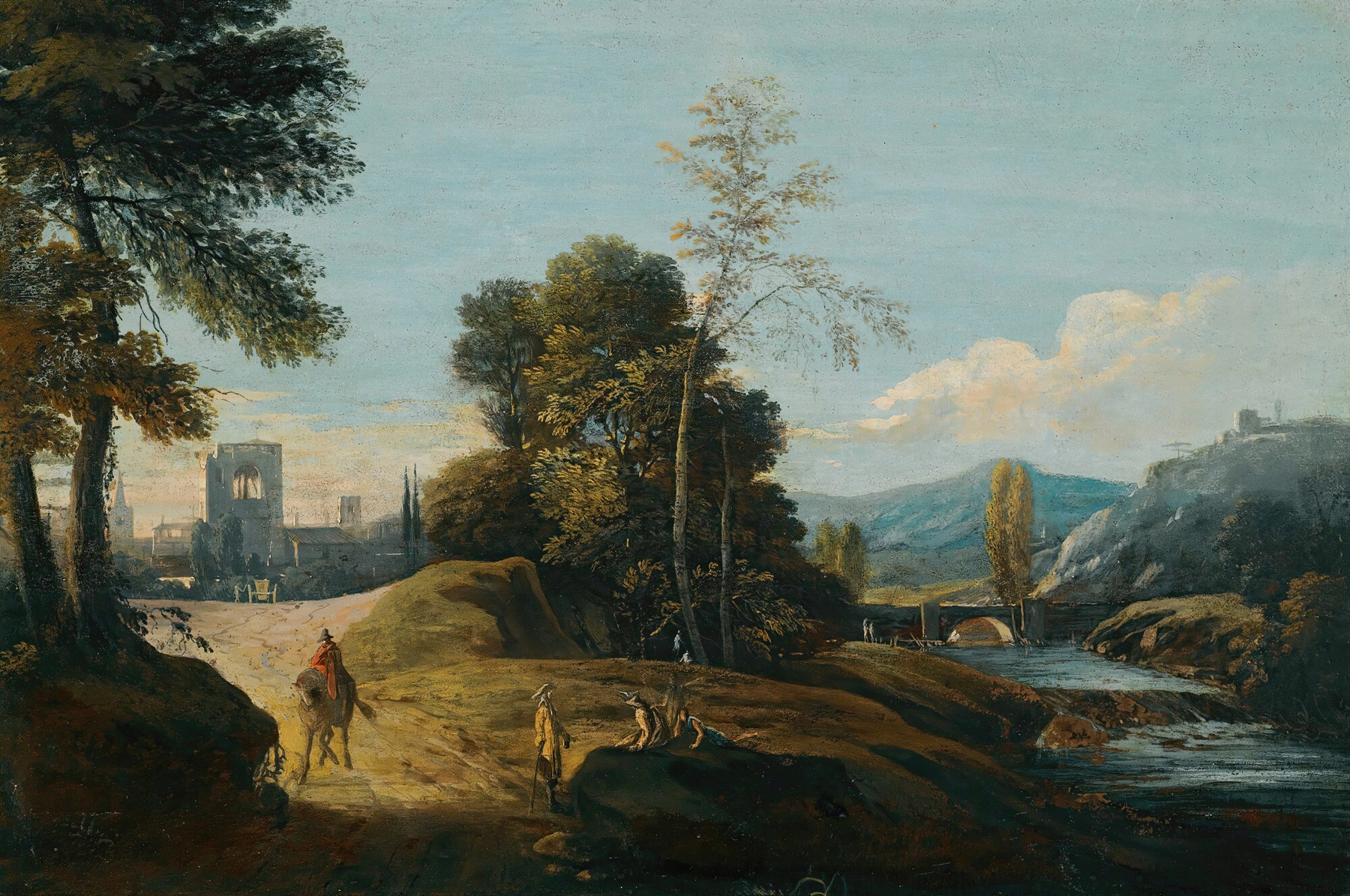 A Fluvial Landscape With Figures On A Path, A Town Beyond, by Marco Ricci, public domain