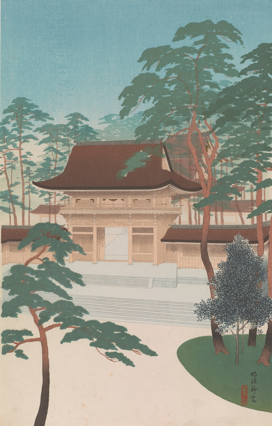 Landscape of Meiji Shrine by Negoro Raizan, ukiyo-e