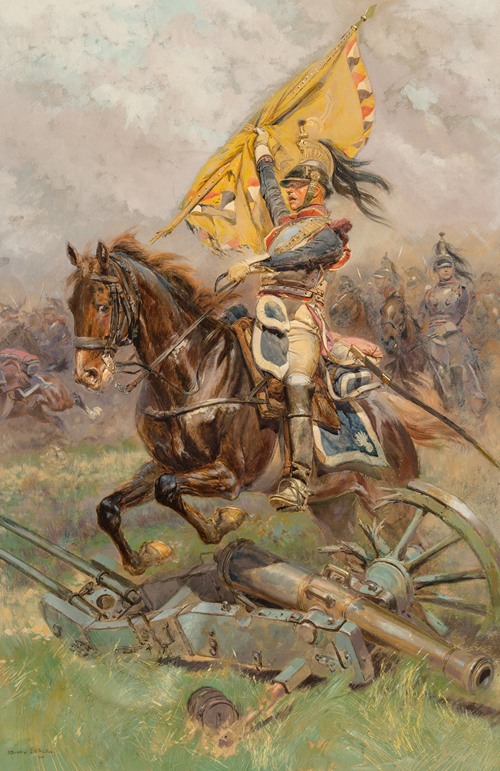 A dramatic scene of cavalry charging into battle.