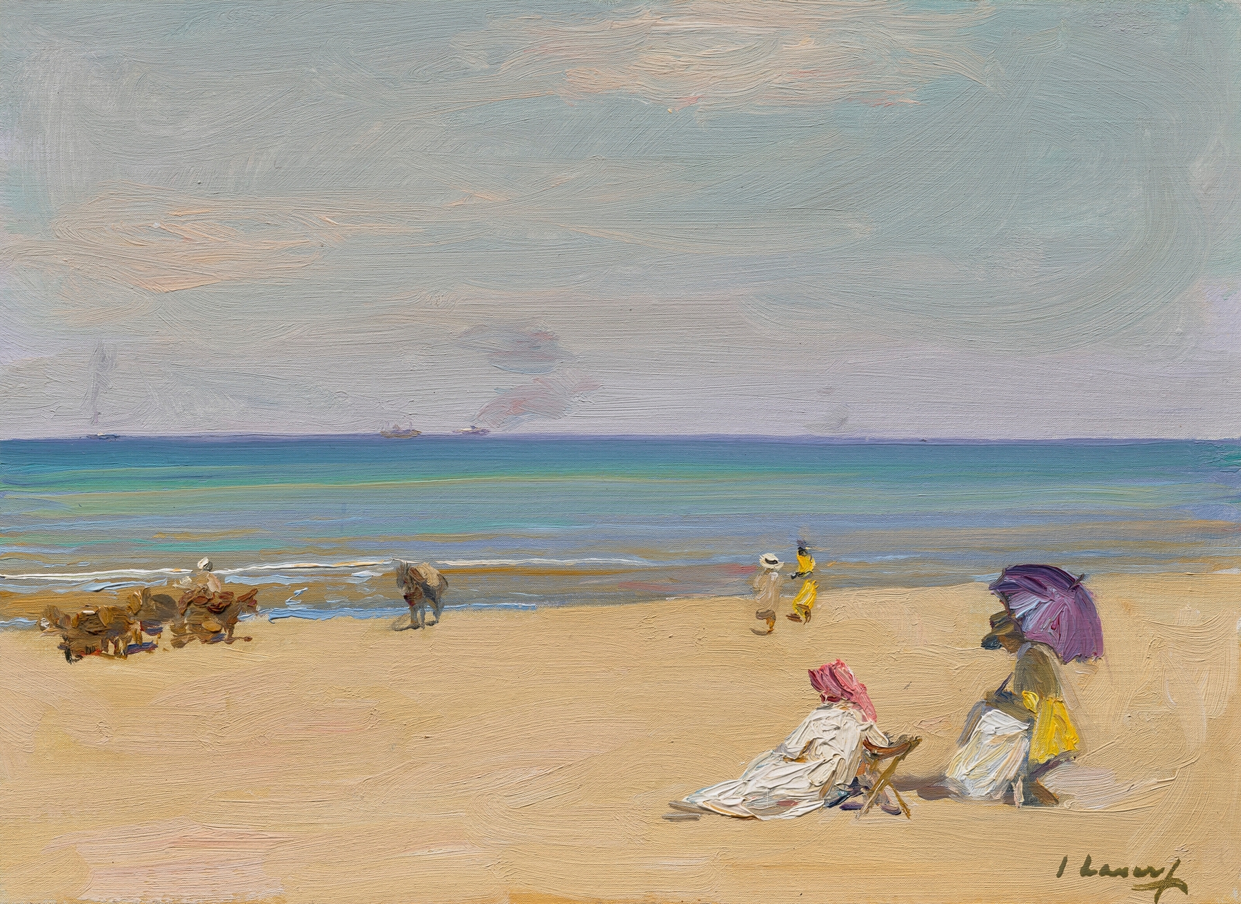 On The Sands by Sir John Lavery, oil painting depicting figures on a beach with gentle waves.