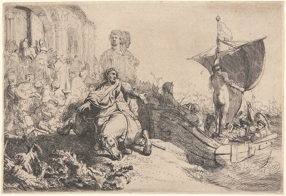 The Ship of Fortune by Rembrandt van Rijn depicts a ship navigating turbulent waters.