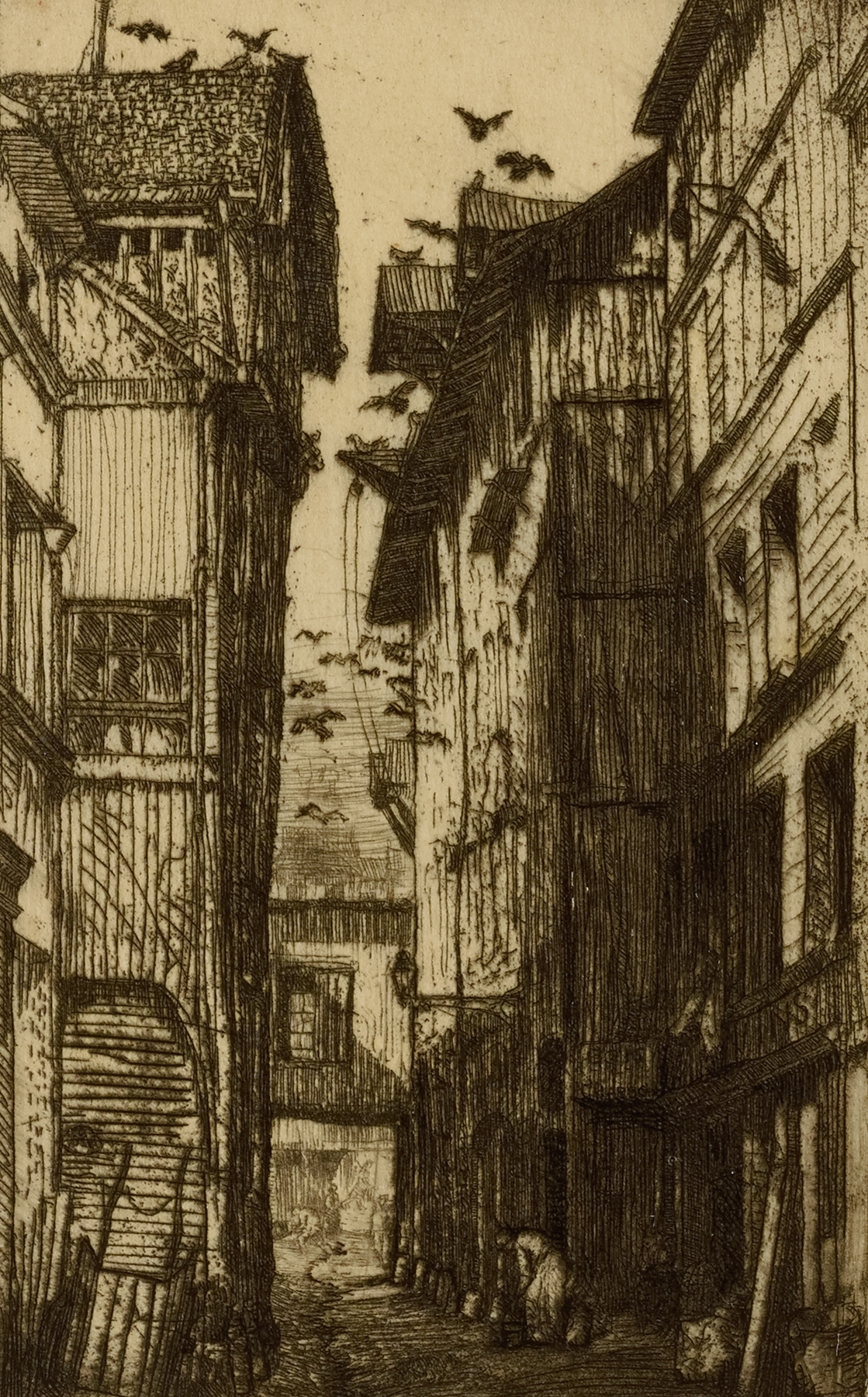 Ruelle des Pigeons, Rouen by Donald Shaw MacLaughlan, oil on canvas showing vibrant buildings and cobblestones.