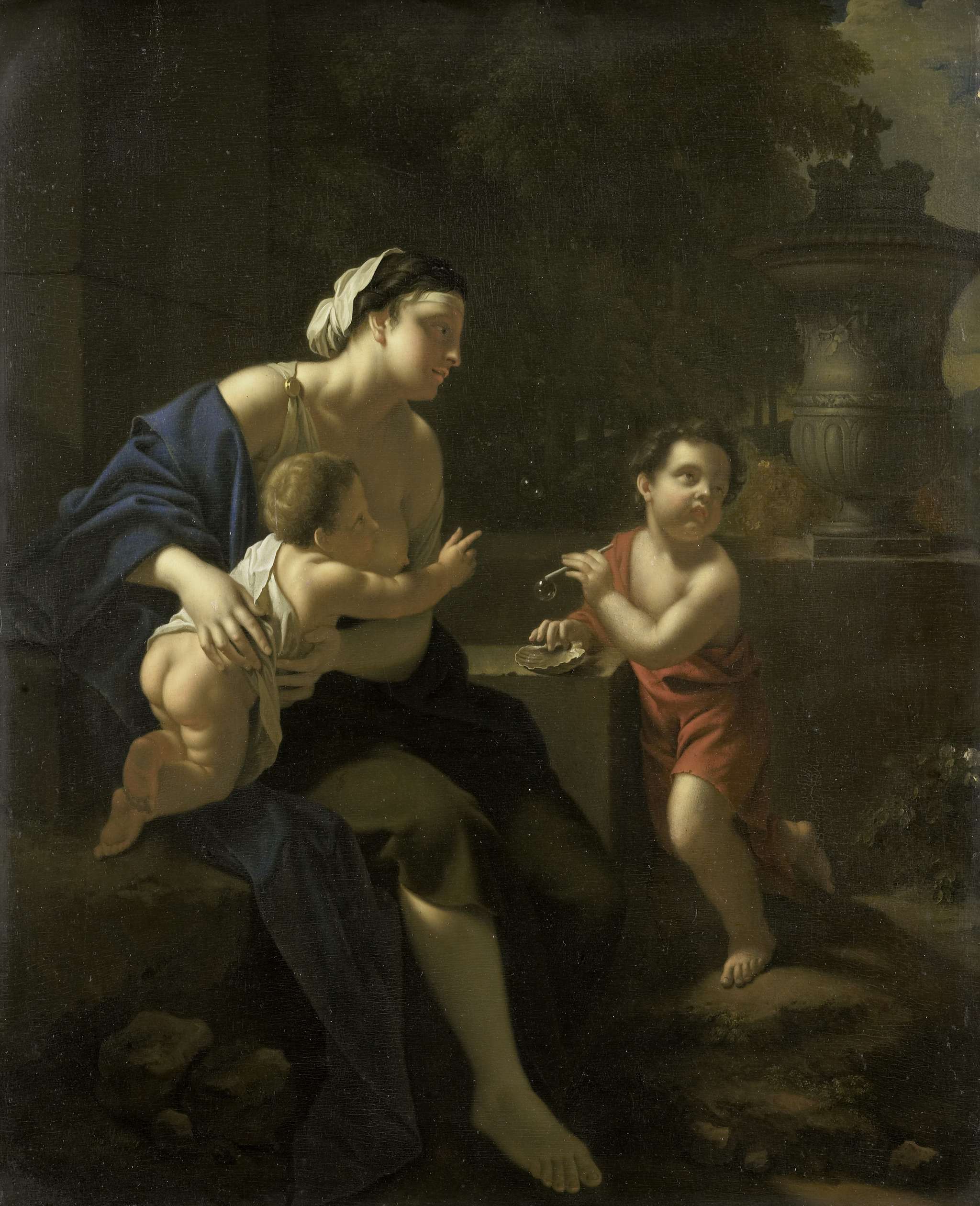Oil on panel by Pieter van der Werff depicting a child blowing bubbles