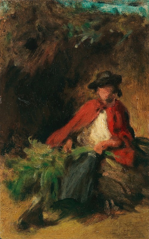 A seated girl in a red cloak with a rabbit in front of her.