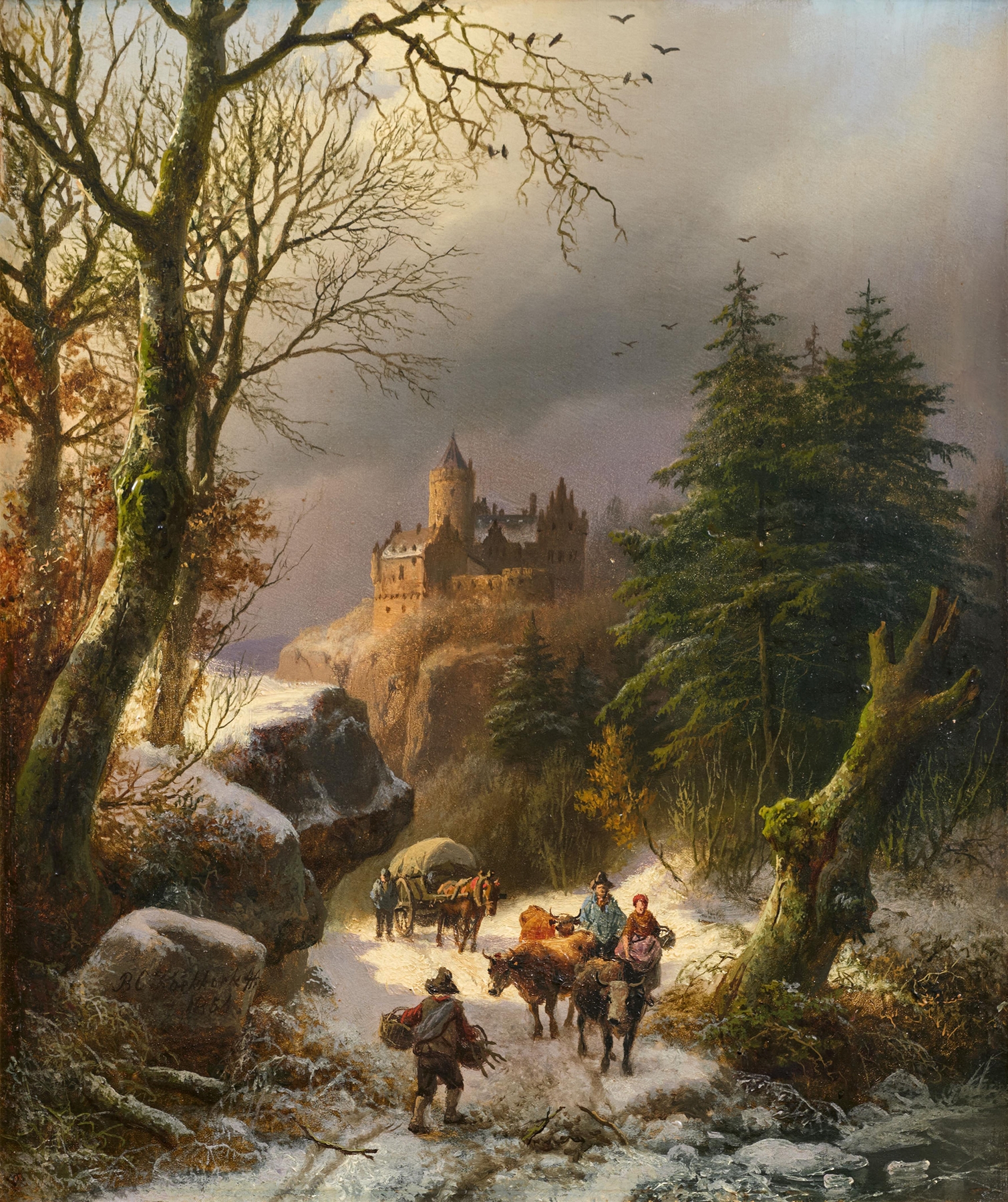 Winter landscape with snow and bare trees, oil painting by Barend Cornelis Koekkoek