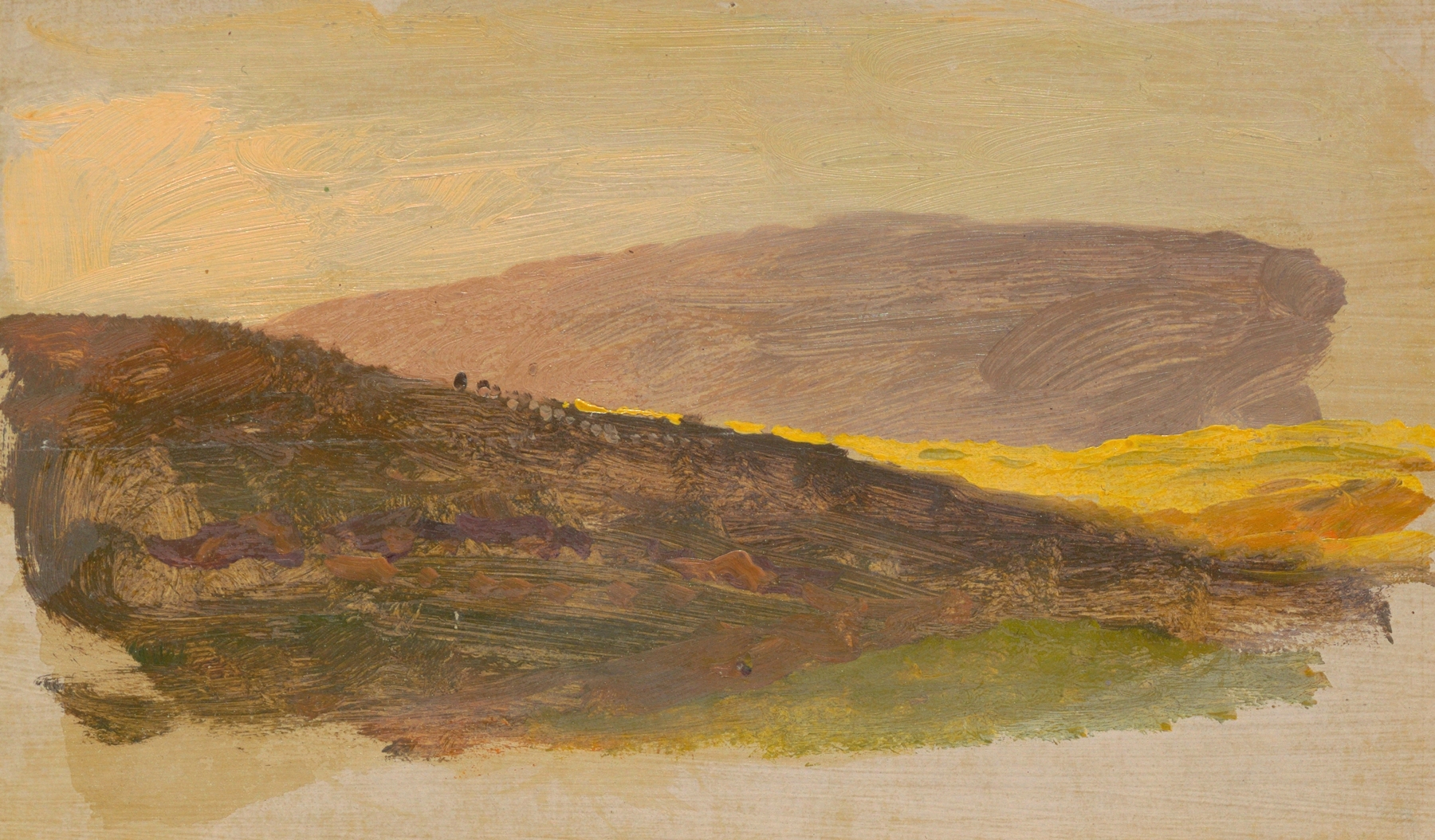 Hillside by Frederic Edwin Church, oil painting of a serene landscape with lush foliage and dappled light.