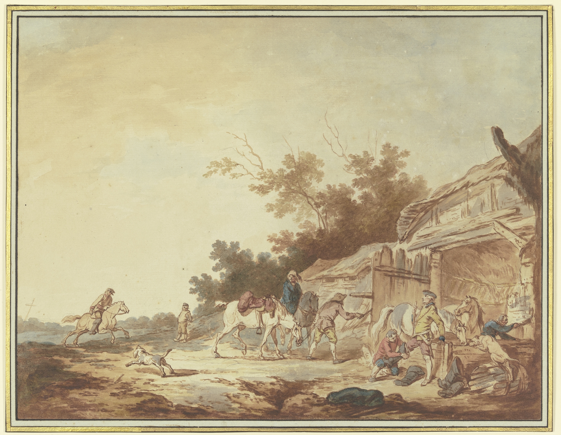 oil on canvas by Francesco Giuseppe Casanova depicting a traveler with horses at a trough