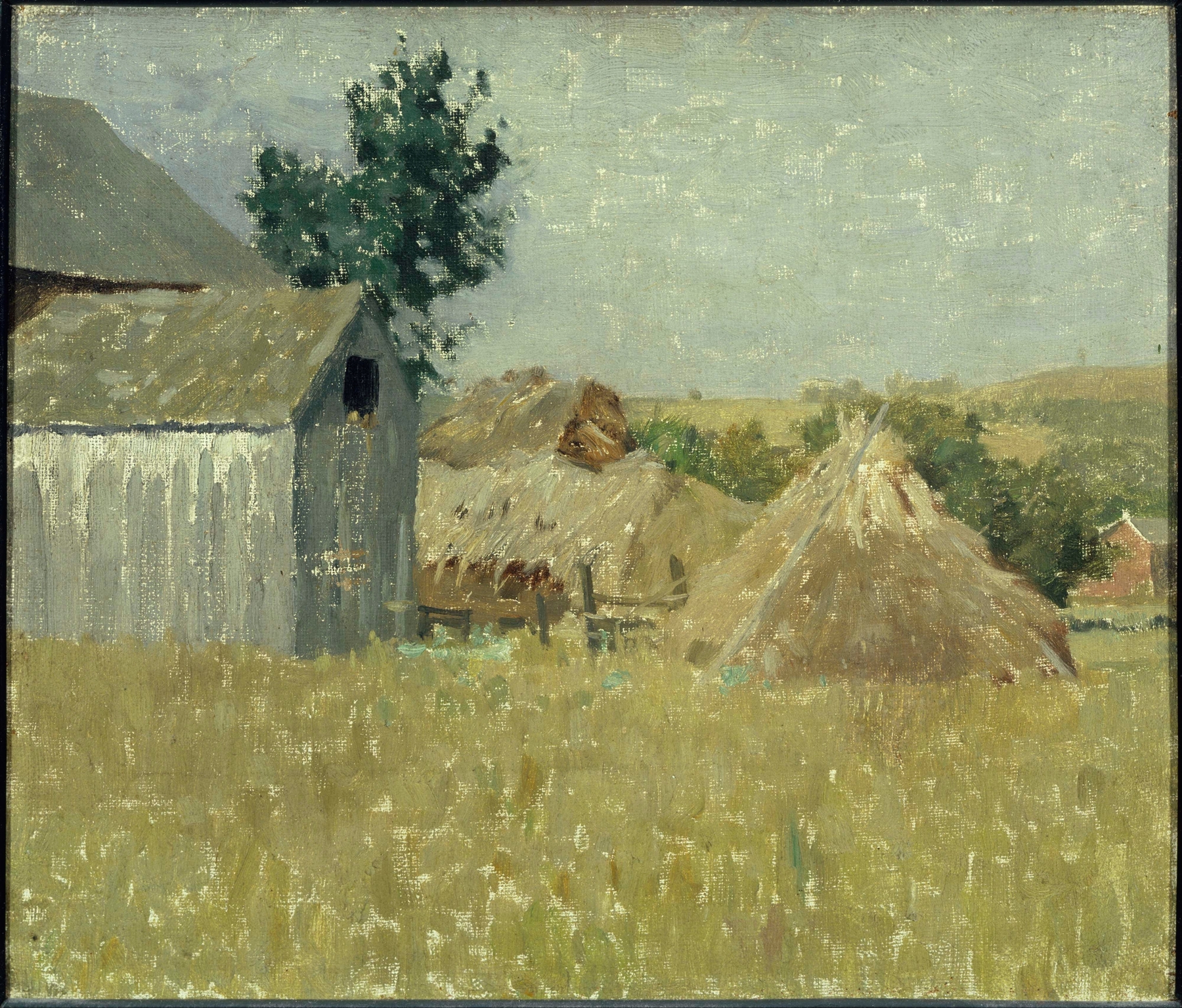 Gray Barn by William Langson Lathrop, oil on canvas depicting a weathered barn in a rural landscape.