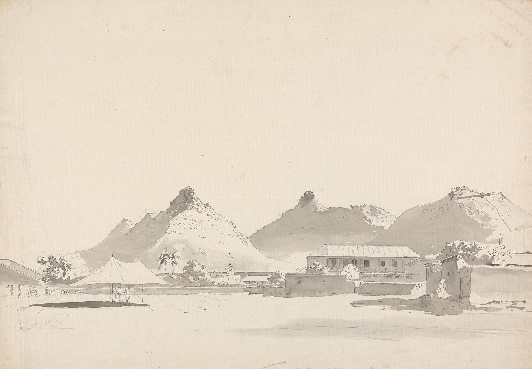 Military encampment with tents and forts on hills, oil painting by Samuel Davis