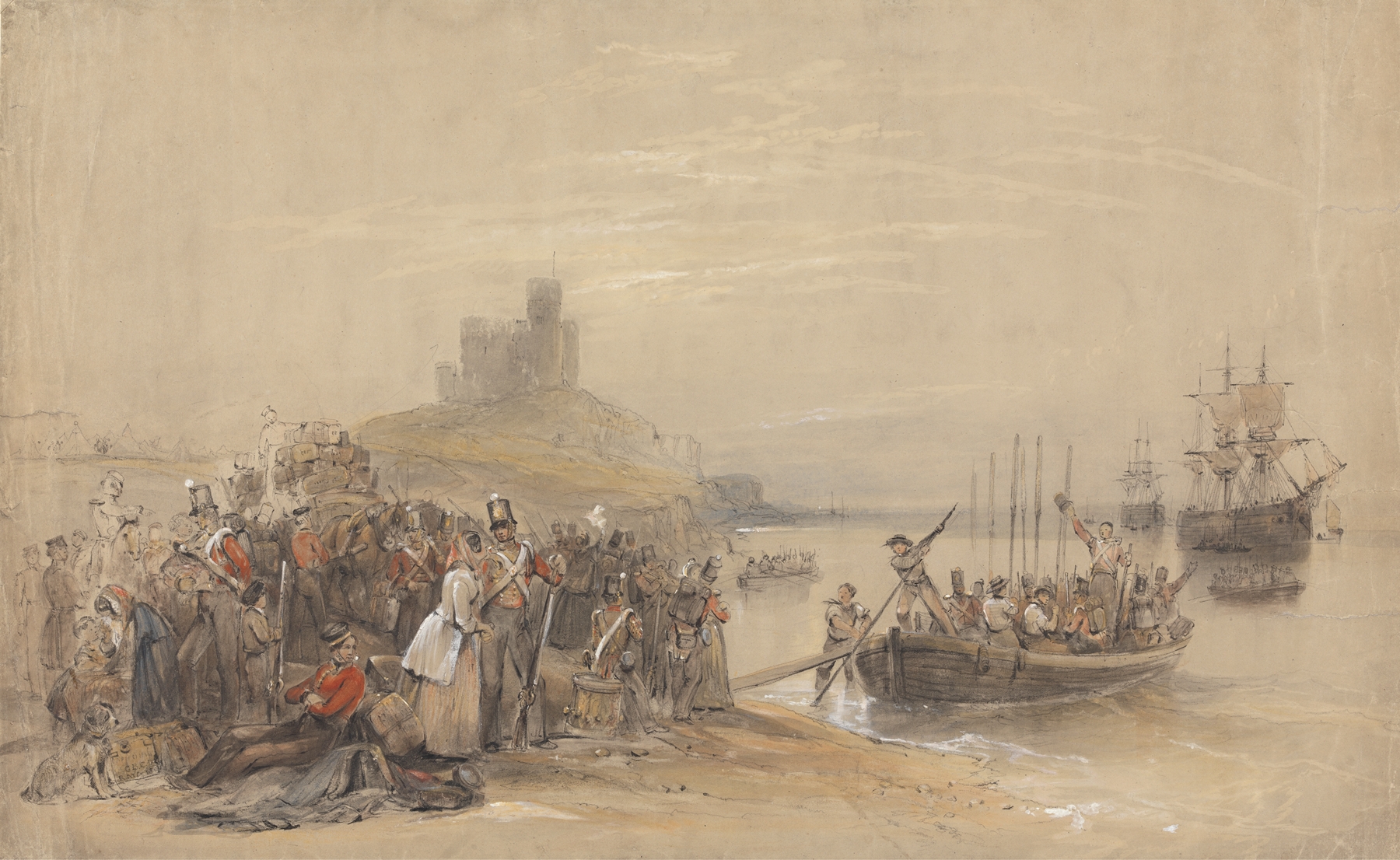 Coastal scene with soldiers embarking, oil on canvas by George Bryant Campion