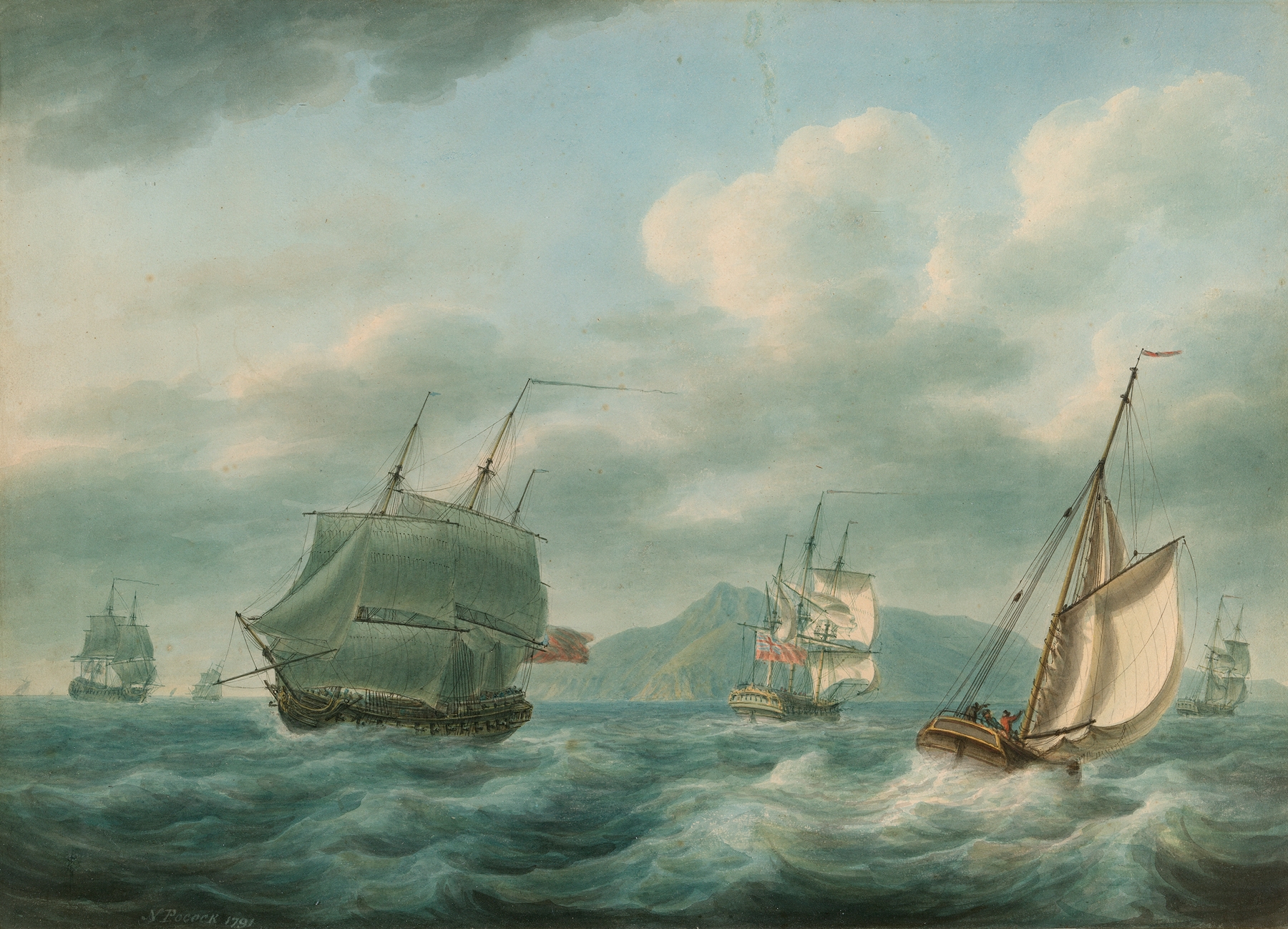 Marine scene with ships sailing in a fresh breeze by Nicholas Pocock, oil painting