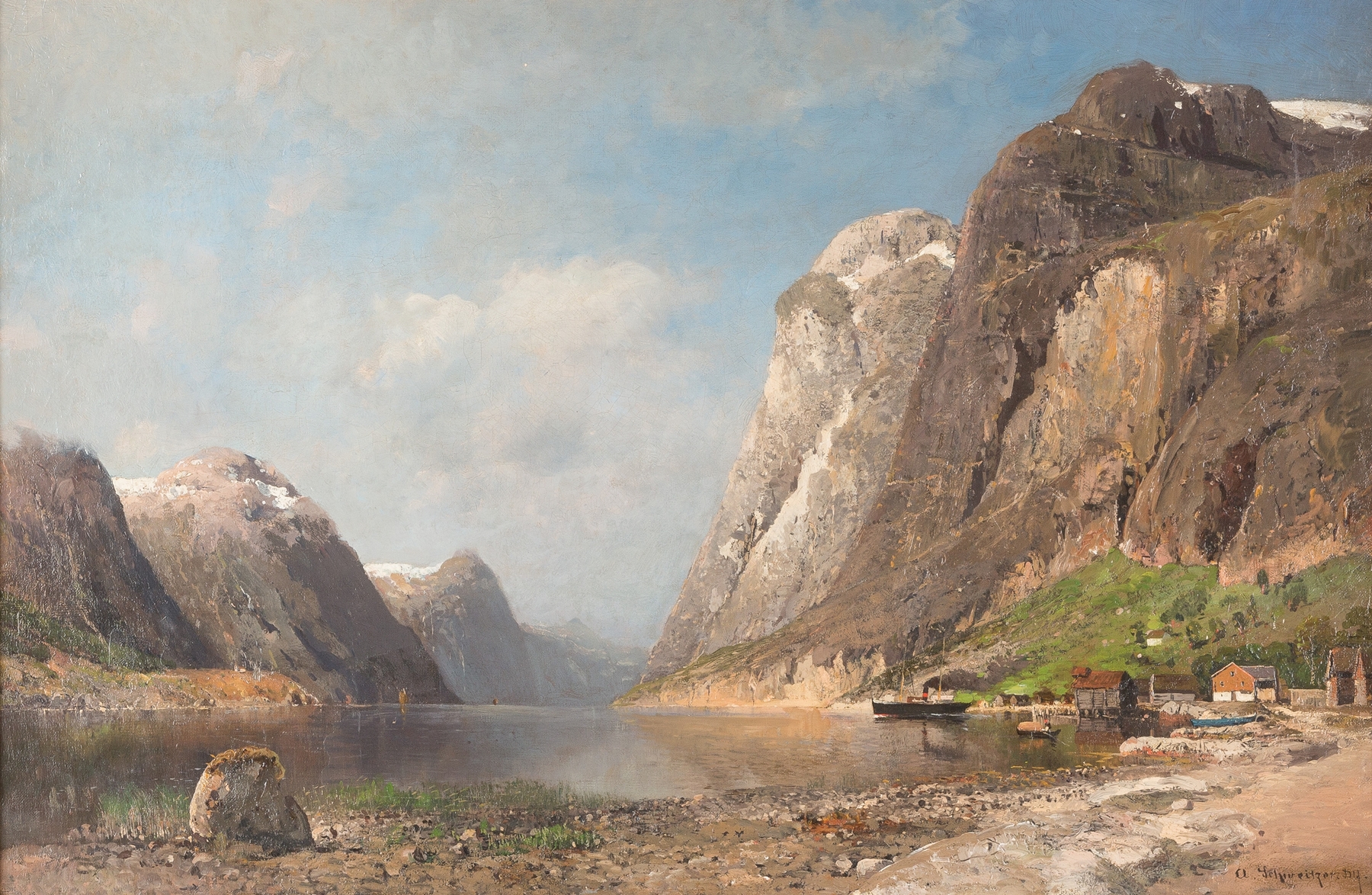 Oil painting by Adolf Gustav Schweitzer depicting a summer fjord with mountains and serene waters.
