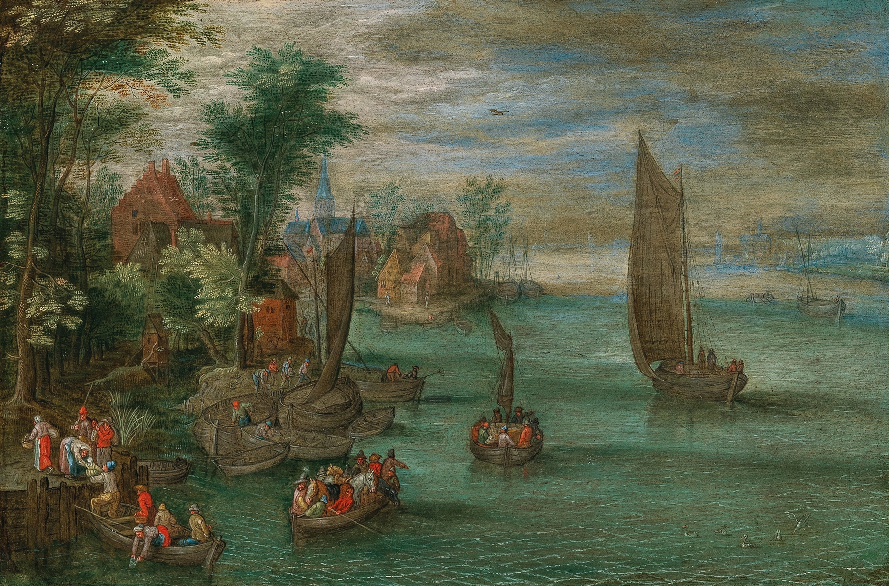 A river landscape with ferries and sailing boats, oil on canvas by Jan Brueghel the Younger