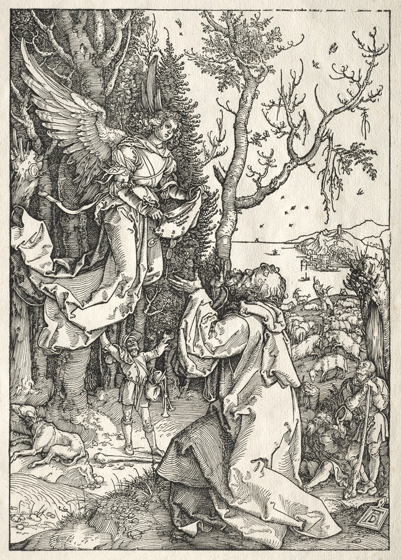 Albrecht Dürer's 'Joachim and the Angel' depicts a biblical scene with intricate details.