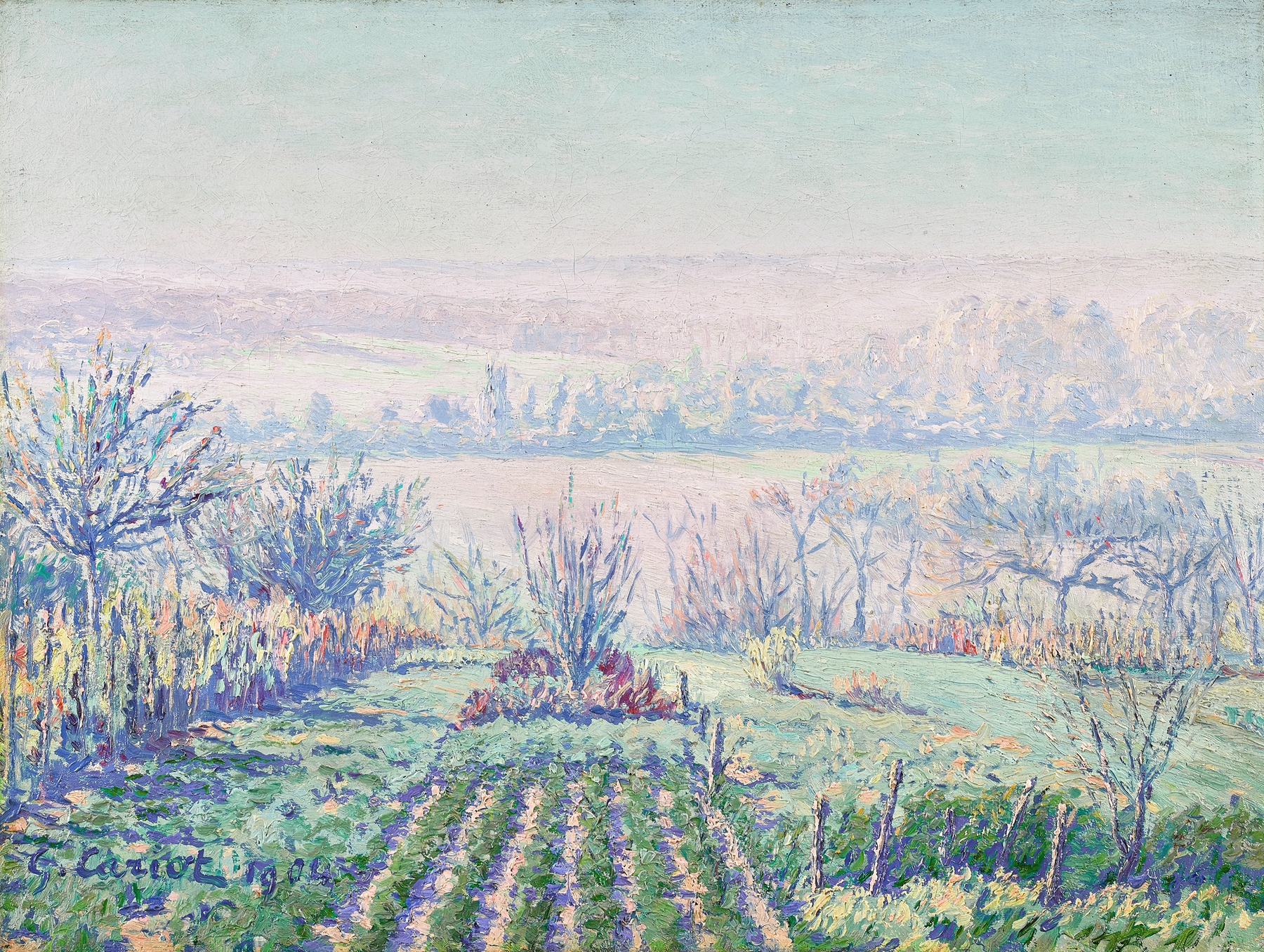 Landscape with misty hills, oil on canvas by Gustave Cariot