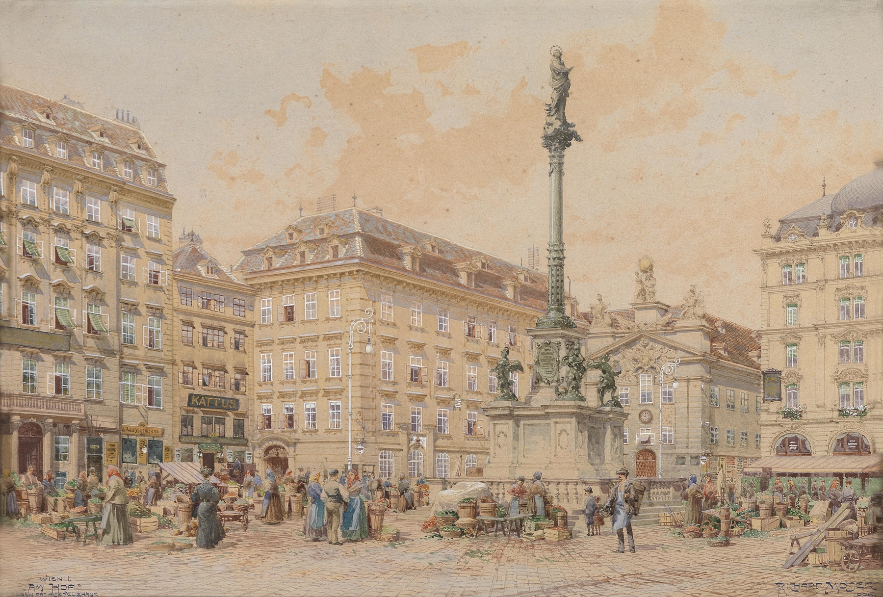 Wien Am Hof by Richard Moser, oil on canvas depicting a warm cityscape.