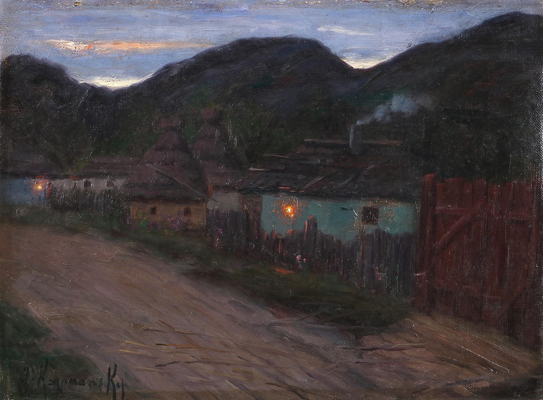 Landscape of a village street at night, oil painting by Jakob Koganowsky
