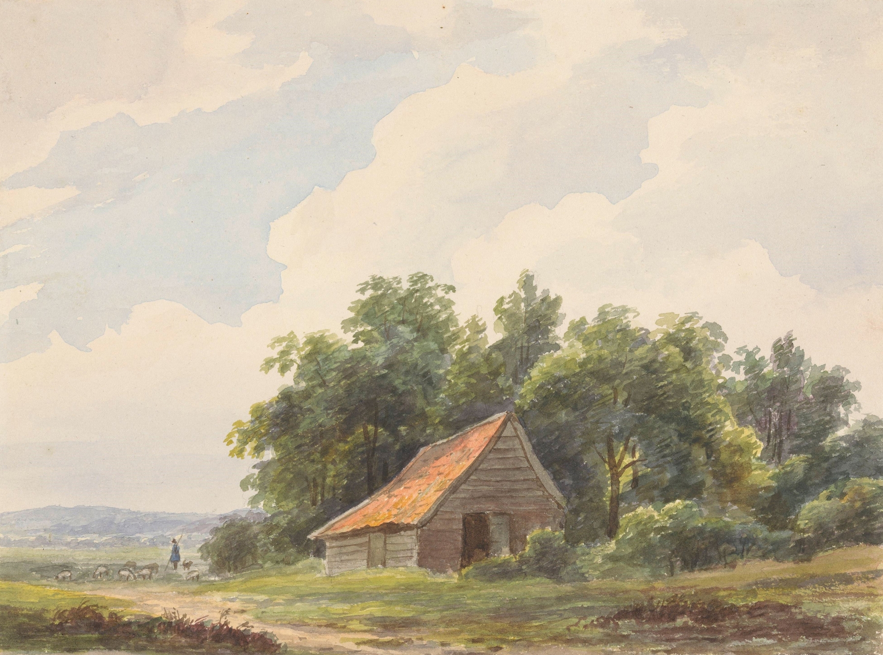 Landschap met schuur en in de verte een herder met schapen, by Andreas Schelfhout, public domain