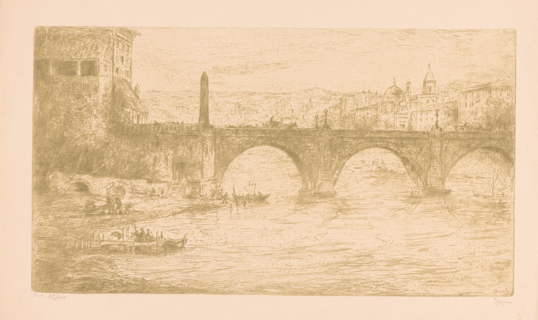 Landscape oil painting by Etienne Bosch depicting a bridge at sunset in Rome