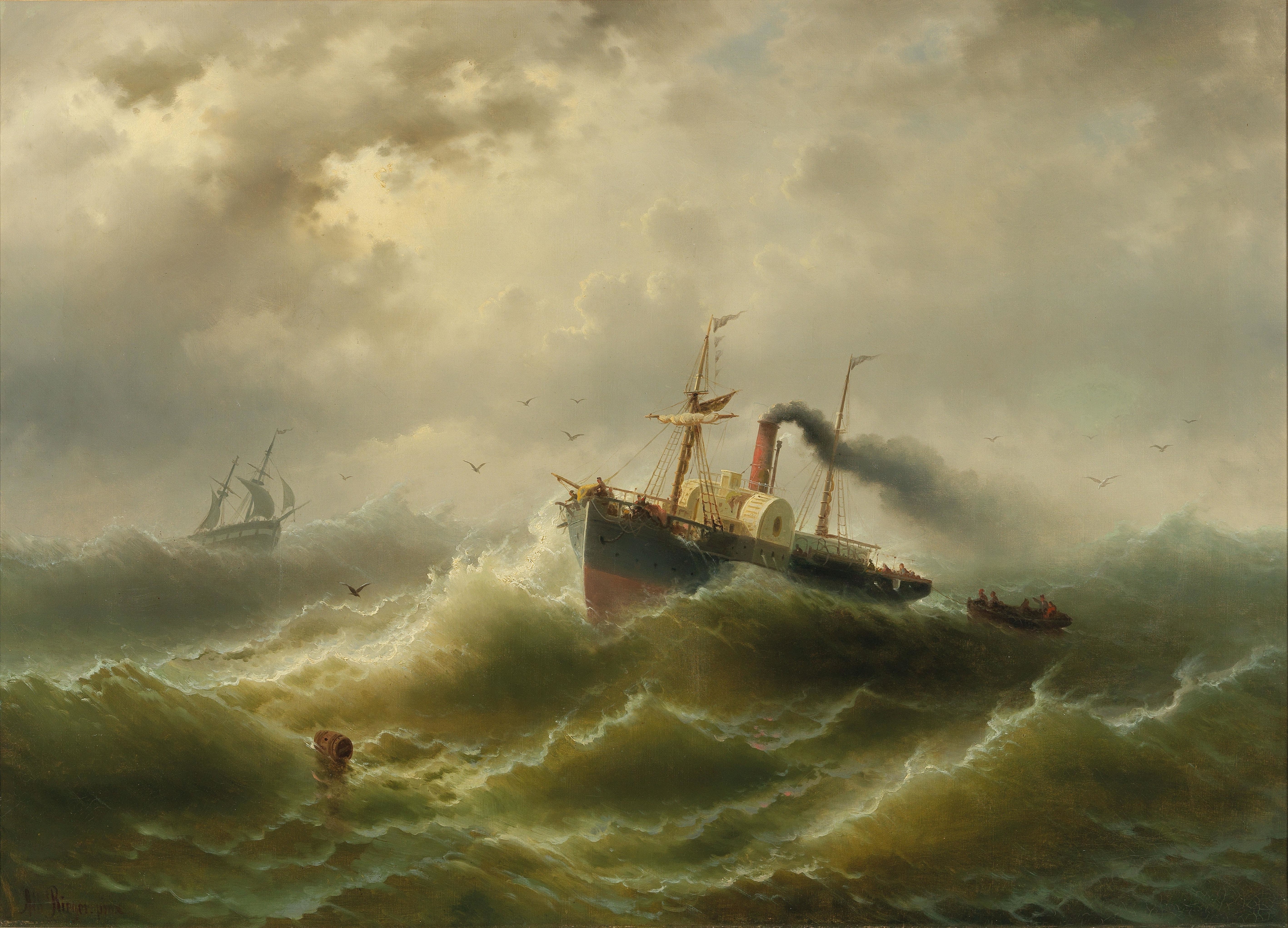 Steamboat in a storm on the North Sea, oil on canvas by Albert Rieger