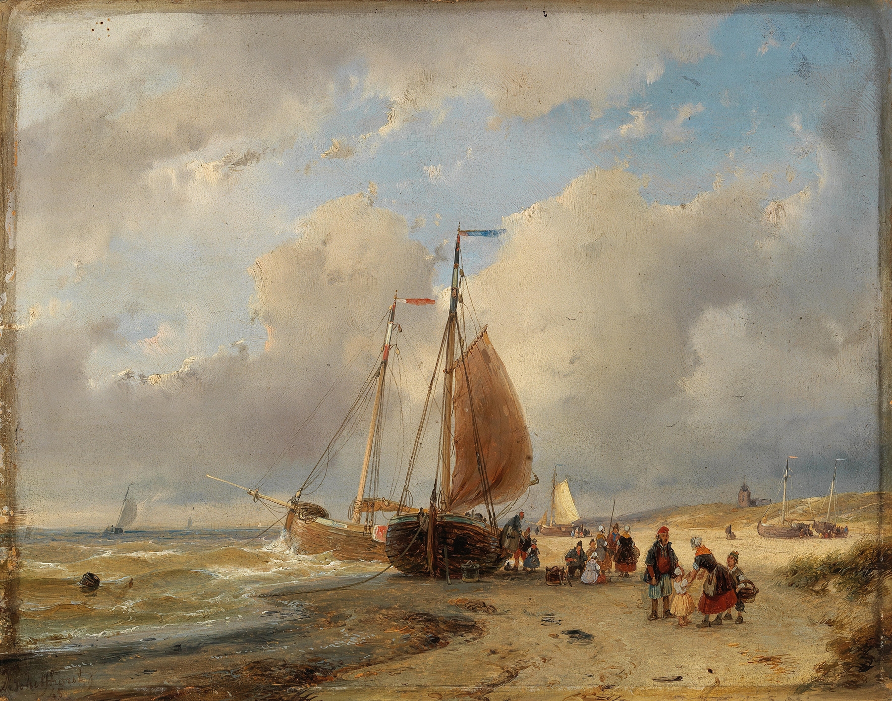 A Fisherman’s Family on the Beach by Andreas Schelfhout, oil painting depicting a family on the shore at twilight.