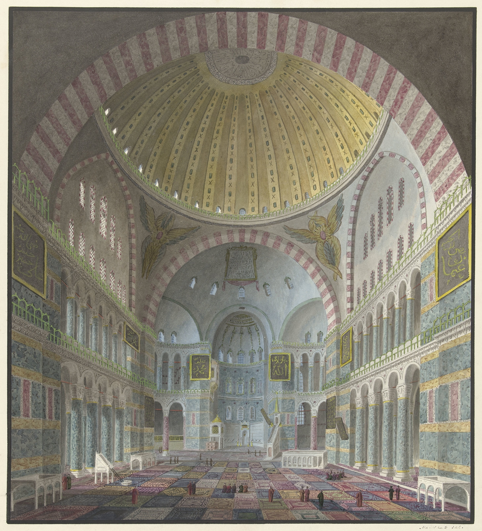 Interieur van de Aya Sophia met geknielde en staande Turken, by Prosper Marilhat, public domain