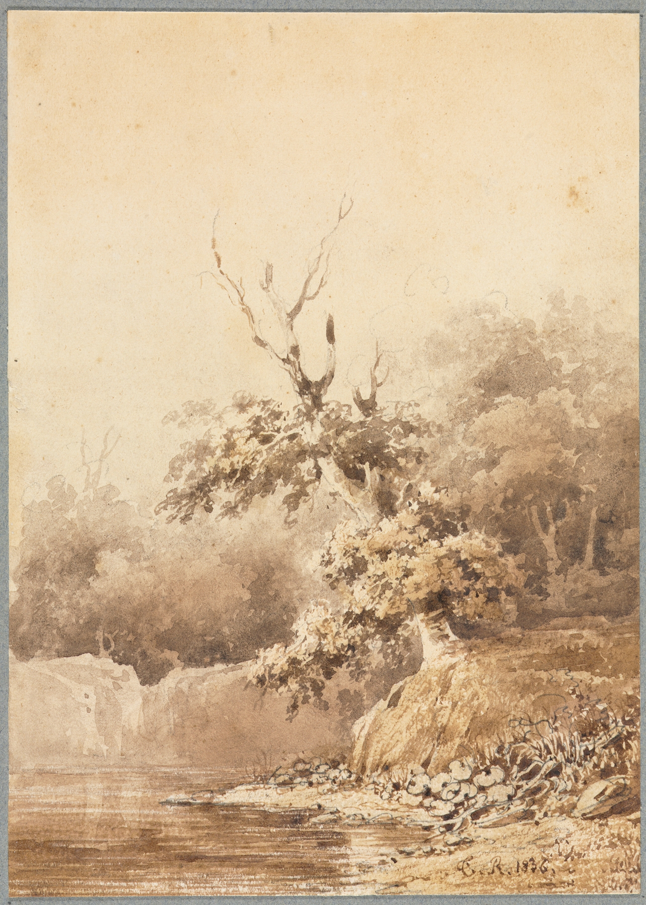 Landscape oil painting by Théodore Rousseau depicting hills and a lone tree at twilight