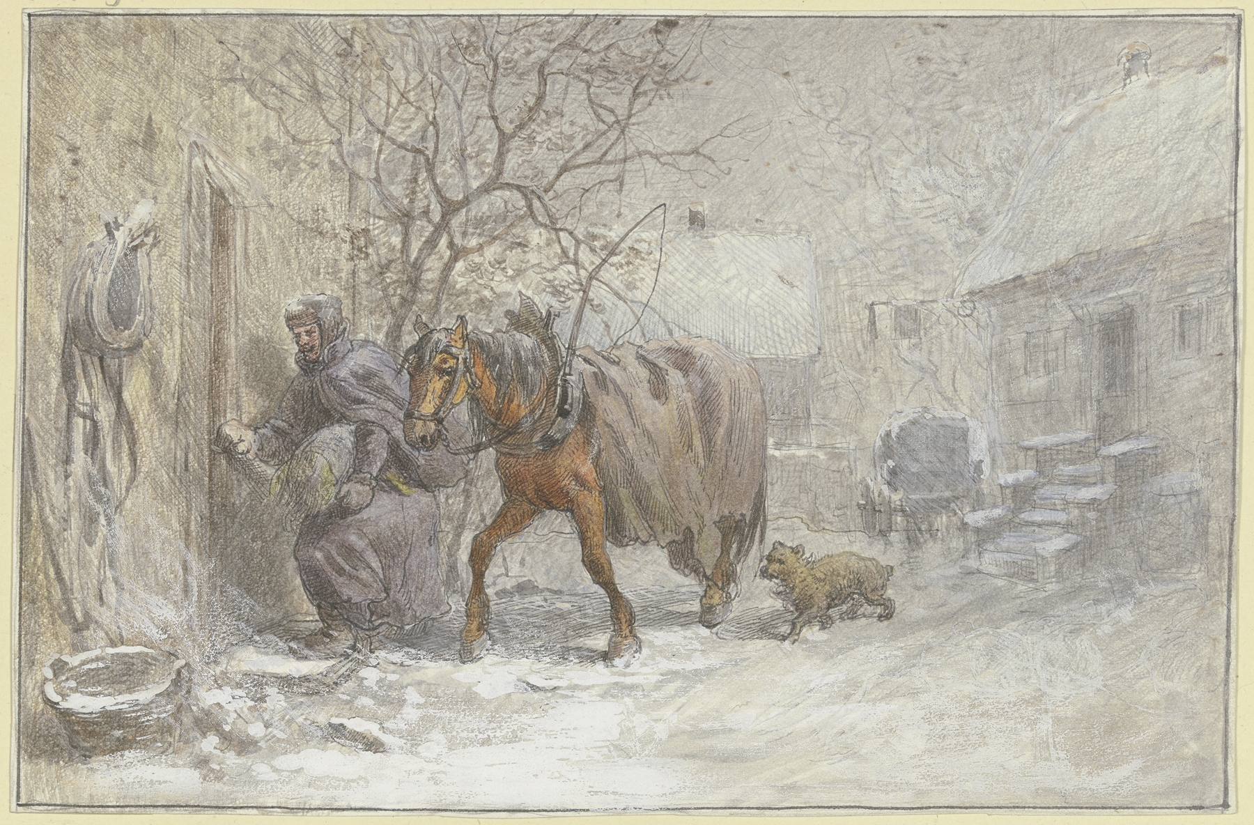Gutshof im Winter, an oil painting by Heinrich Winter depicting a horse being led to a stable in winter.