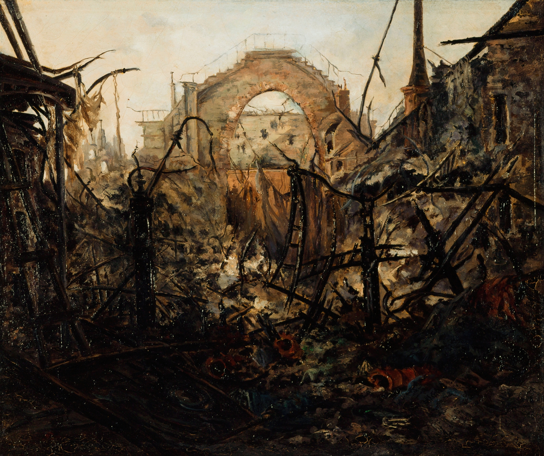 Interior scene of L’intérieur de l’Opéra-Comique by Jean-Louis Talagrand, depicting fire damage.