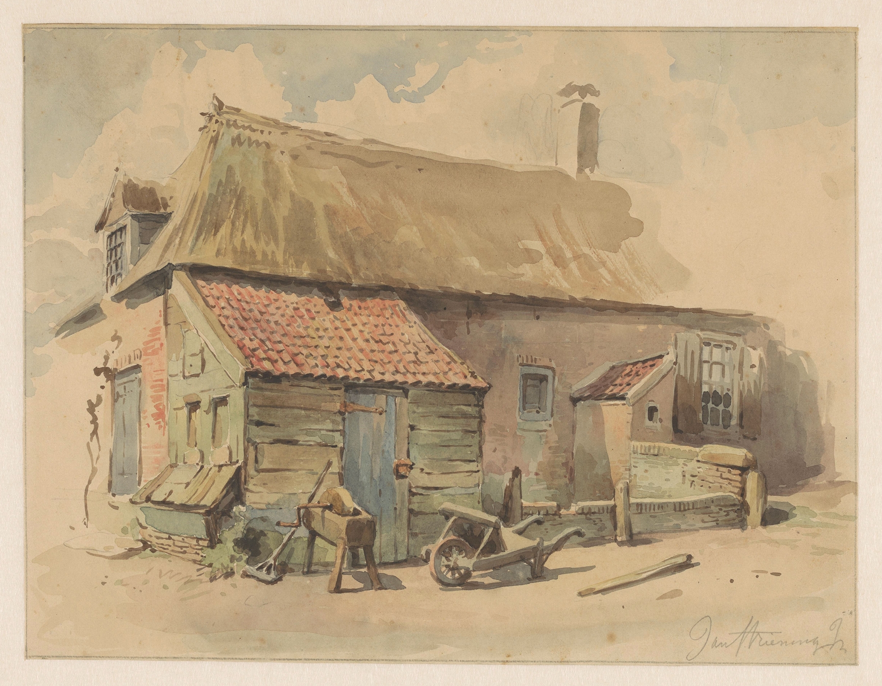 Realism artwork by Jan Striening depicting a farmhouse with a wheelbarrow and a grinding stone
