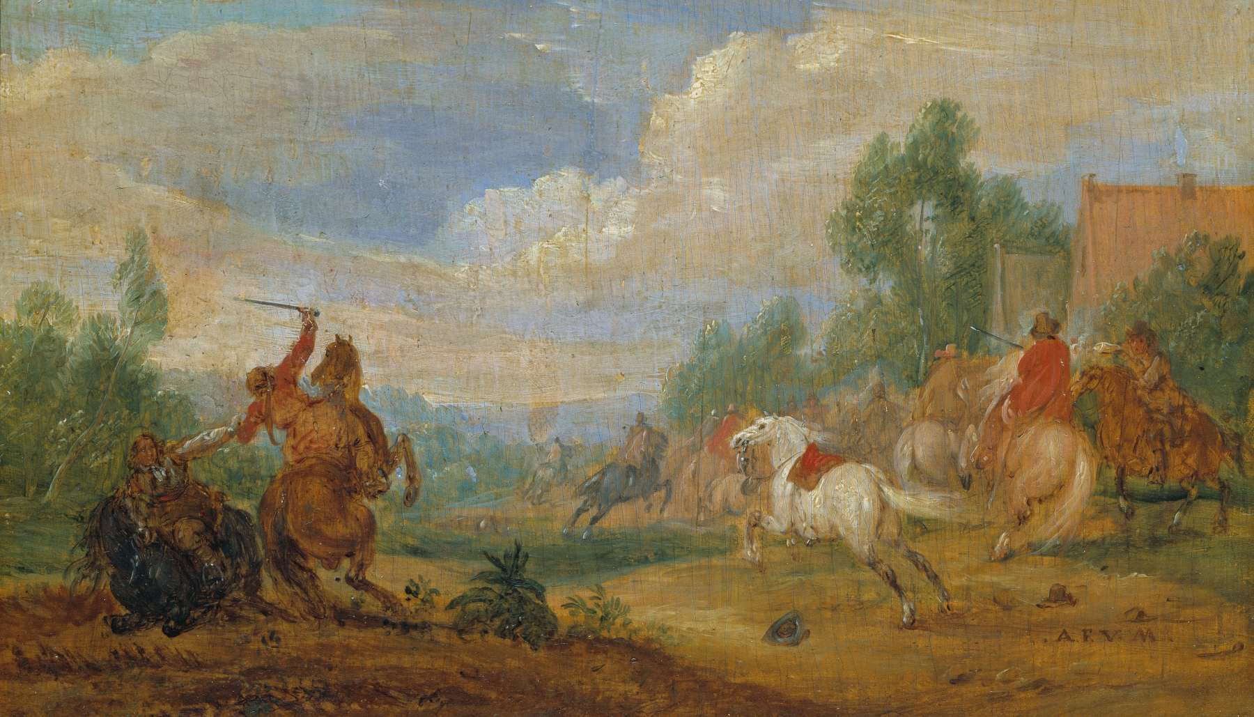 Cavalry Skirmish by Adam Frans van der Meulen, oil painting depicting a chaotic battle with horsemen and soldiers.