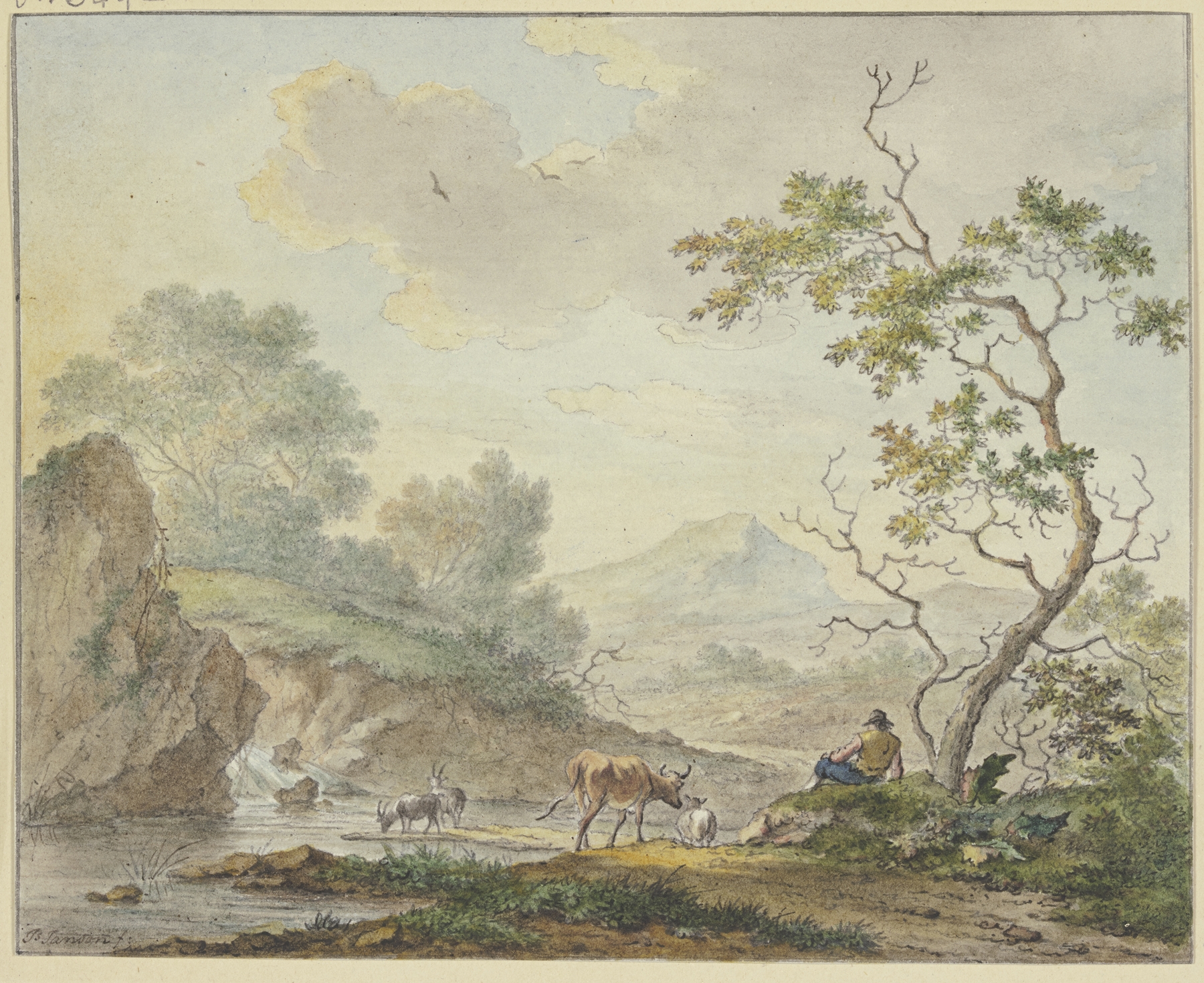 Oil painting by Johannes Christiaan Janson depicting a shepherd with a cow and goats near a waterfall.