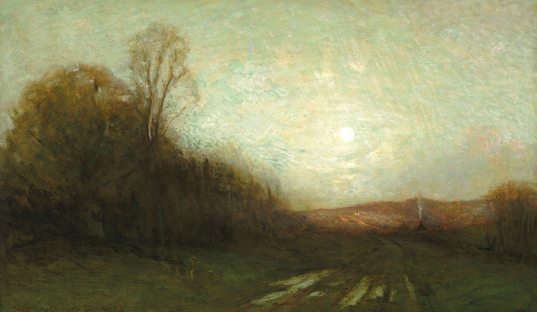 Twilight landscape reflecting colors in water by Charles Melville Dewey, medium unknown.