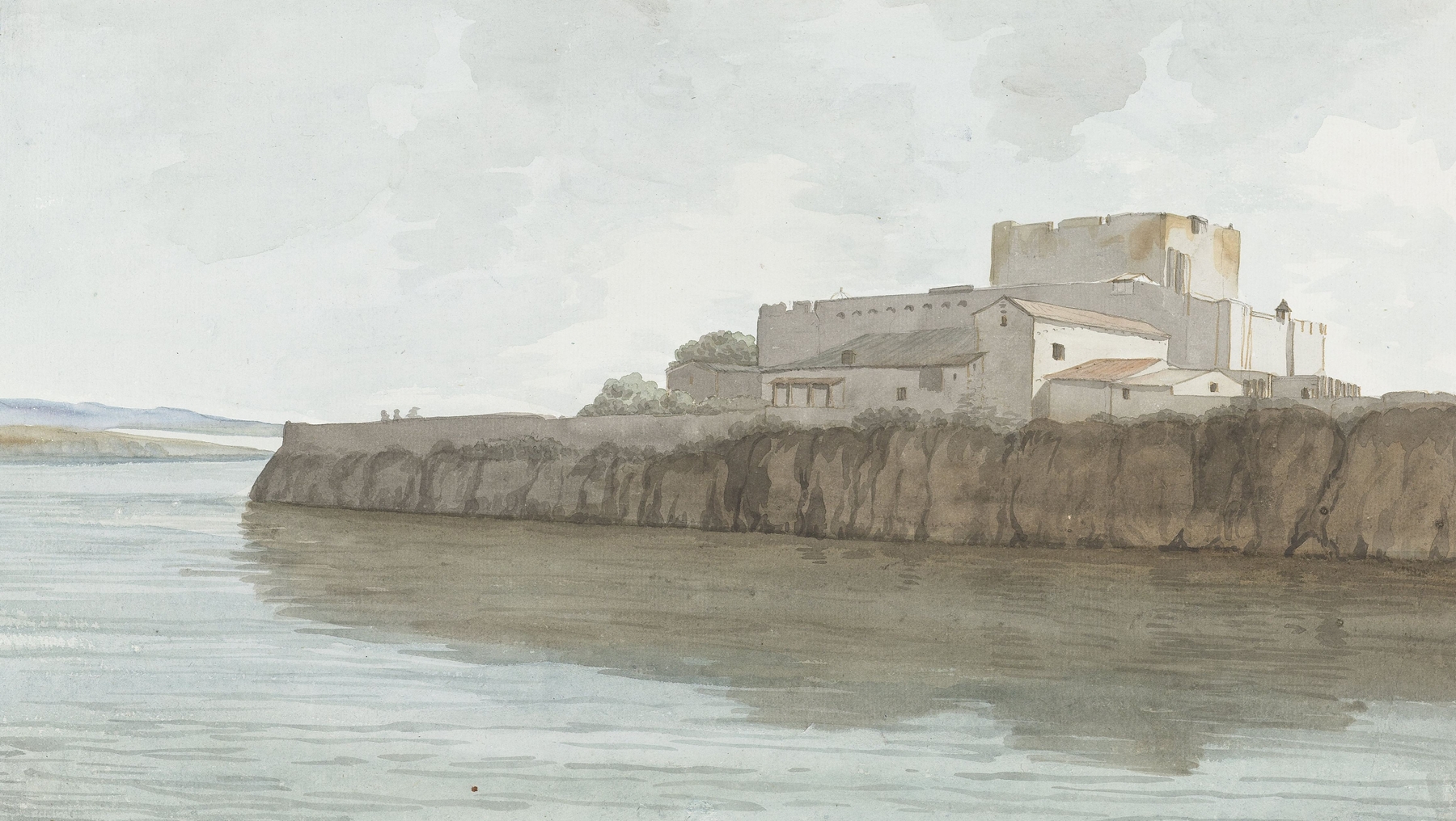 Watercolour by Abraham-Louis-Rodolphe Ducros depicting Gezicht op kasteel van Brucoli, ‘La Bruca’ at sunset.