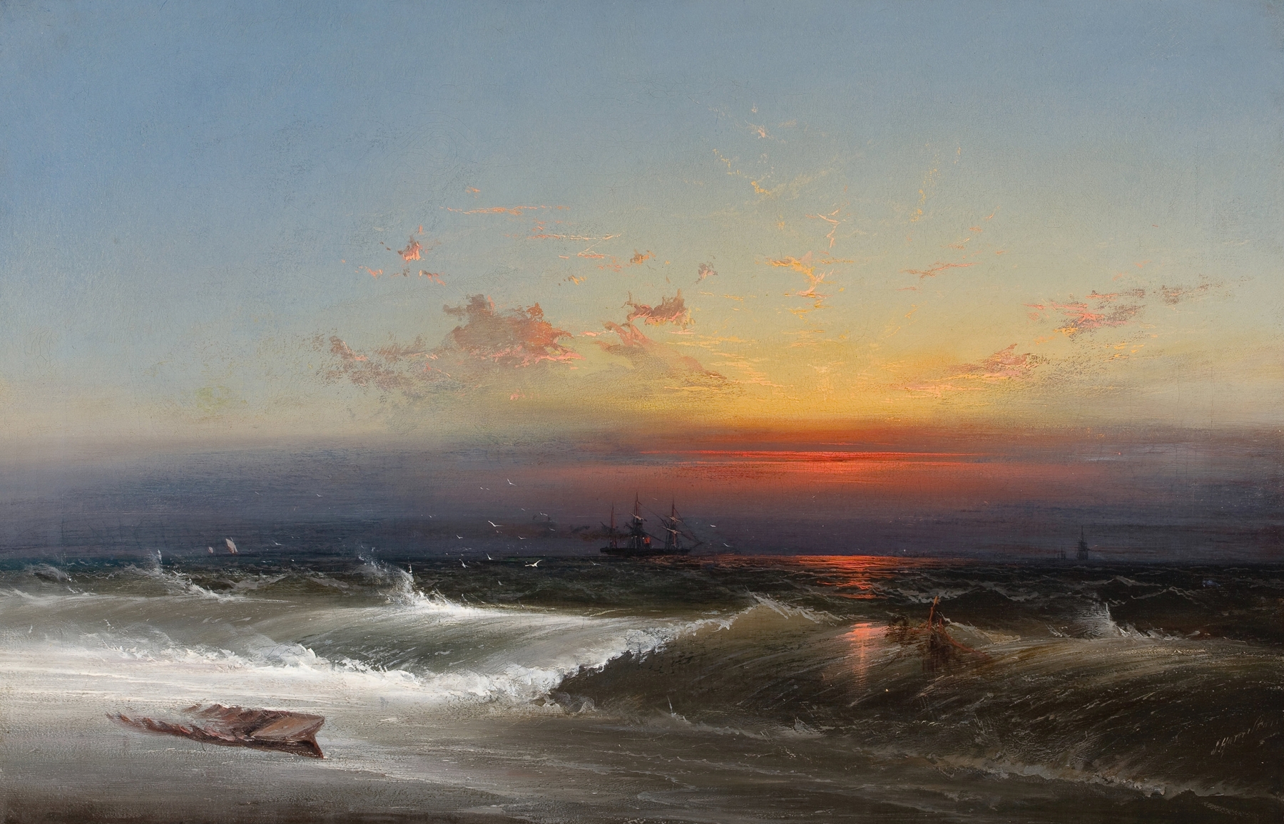 Evening on the Seashore by James Hamilton, oil painting depicting a sunset over the Philadelphia Harbor.